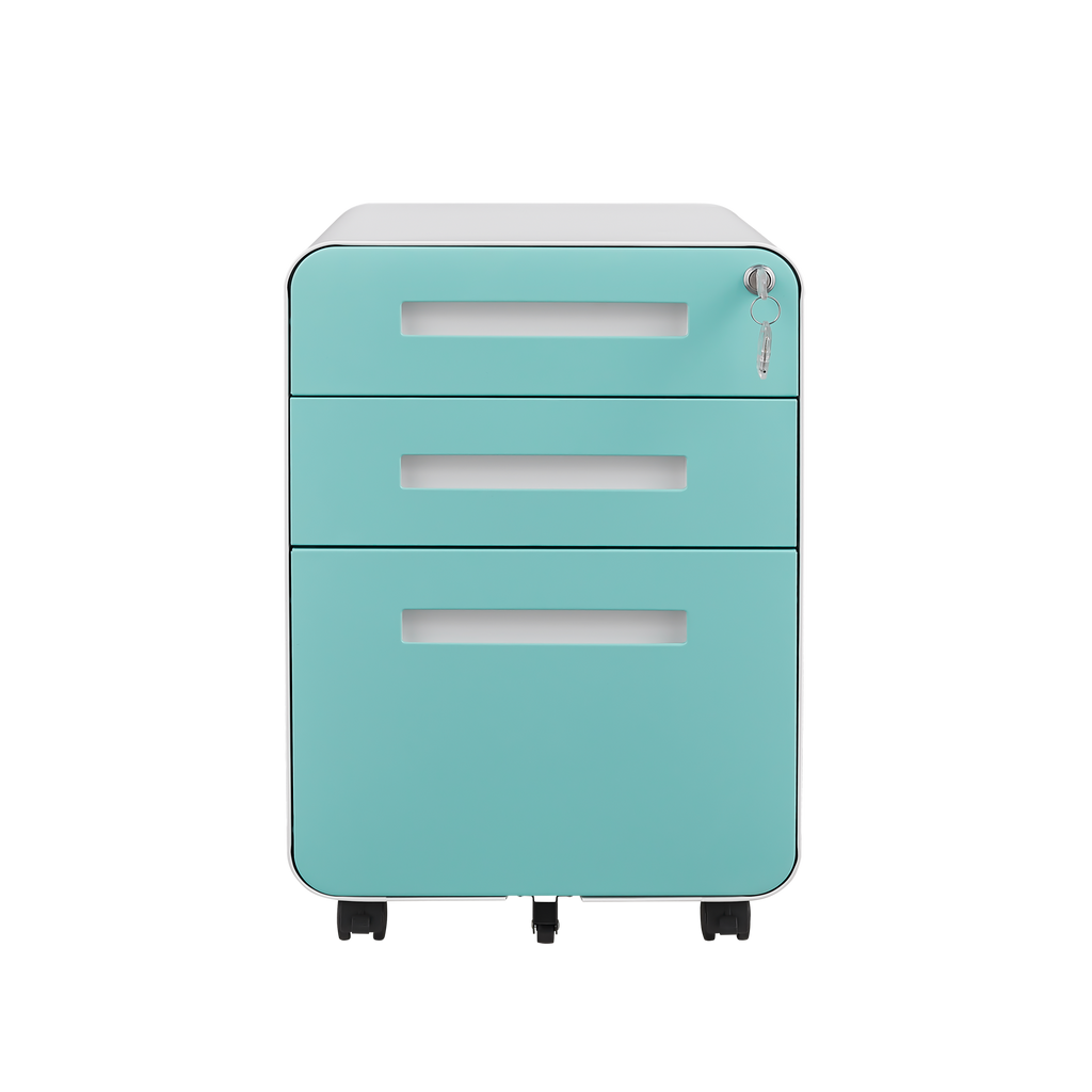 Simple Style 3 Drawer Mobile File Cabinet Under Desk Office Storage in White+Green, Metal, 18x15.75x22.83 inches