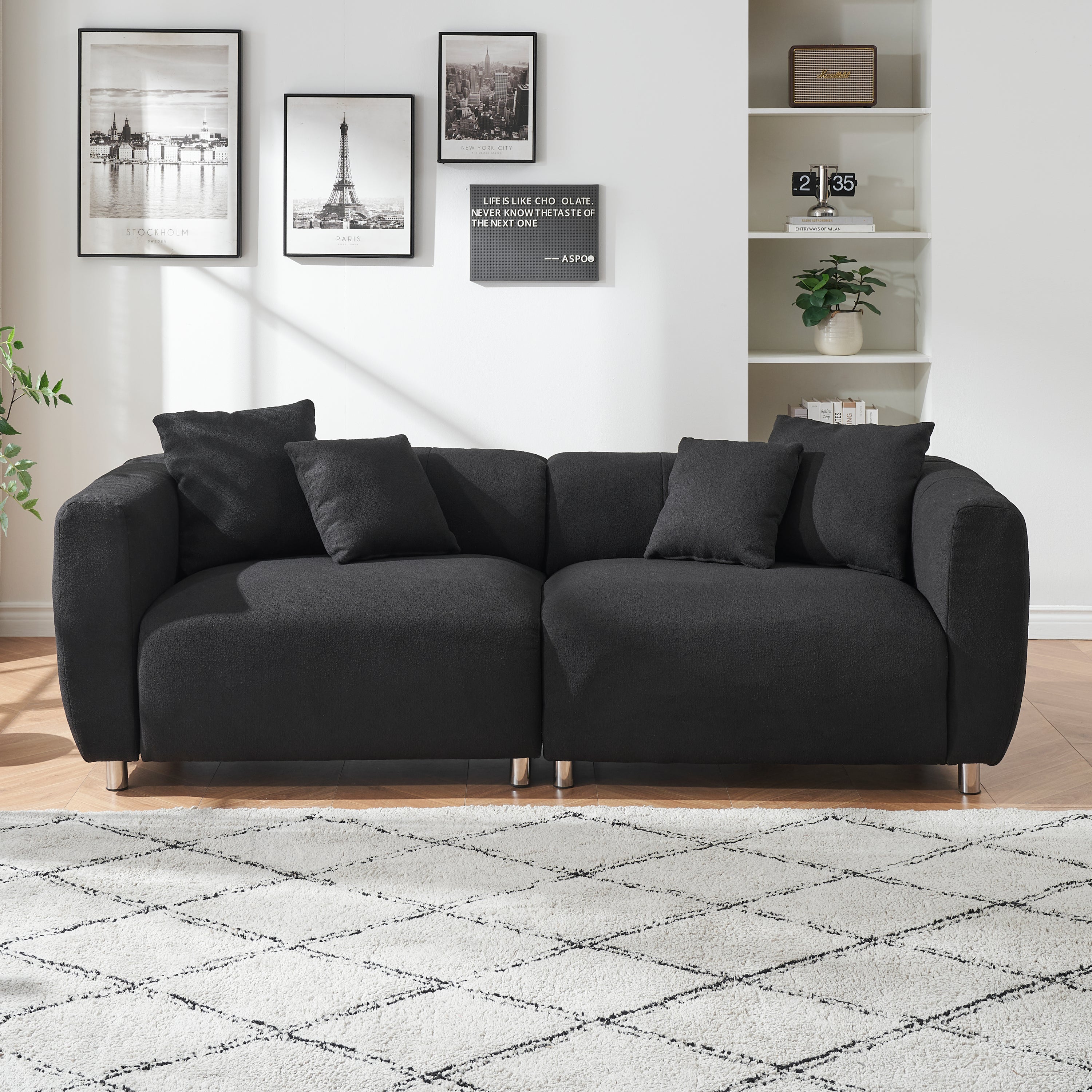 89 inch Sofa for Living Room, Fashion Sofa with Metal Legs, 3 Seater Sofa, Solid Wood Frame Couch with 4Pillows, for Apartment Office Living Room - Black
