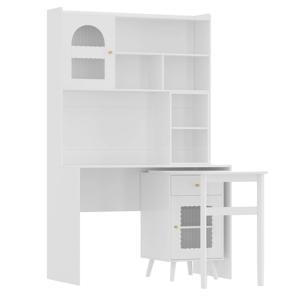 Computer Desk with 90 Degree Rotating Desktop, 43x70 Inch Office Desk with Storage Drawer and Cabinets, Gaming Desk with Shelves, Writing Desk for Study, Work Desk for Home Office Bedroom Living Room