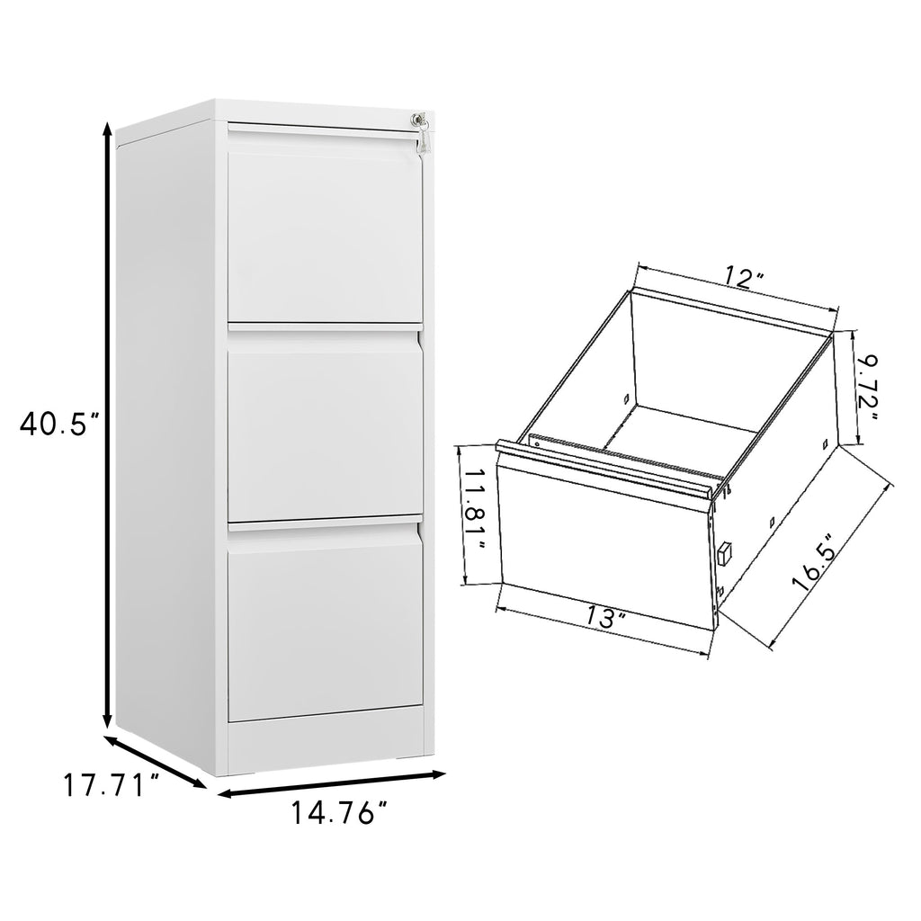 Steel Vertical File Cabinet with Lock - 3-Drawer Metal Storage for A4/Legal/Letter - White, 14.65 x 14.75 x 40.50 inches