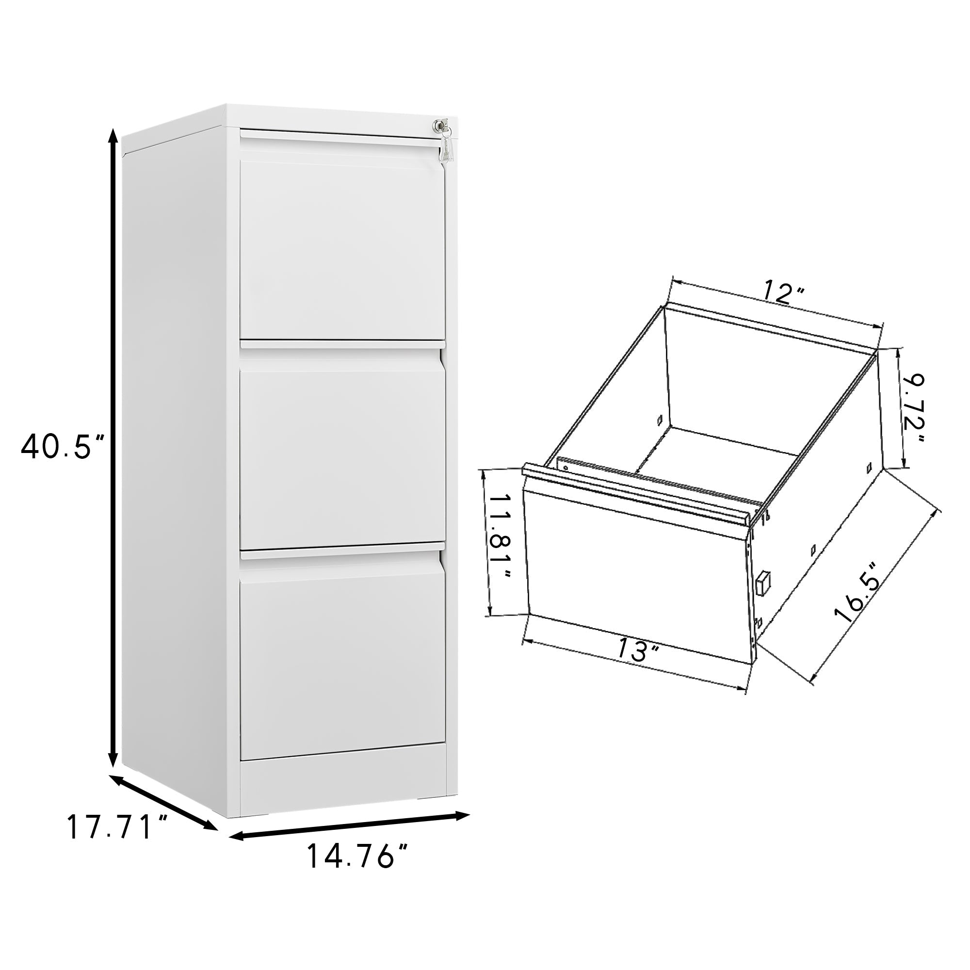 Steel Vertical File Cabinet with Lock - 3-Drawer Metal Storage for A4/Legal/Letter - White, 14.65 x 14.75 x 40.50 inches