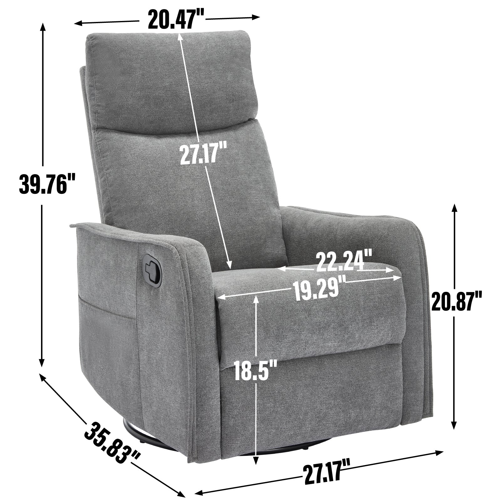 Heat Massage Manual Recliner Chair with Rocker and Swivel in Fabric for Living Room, Grey