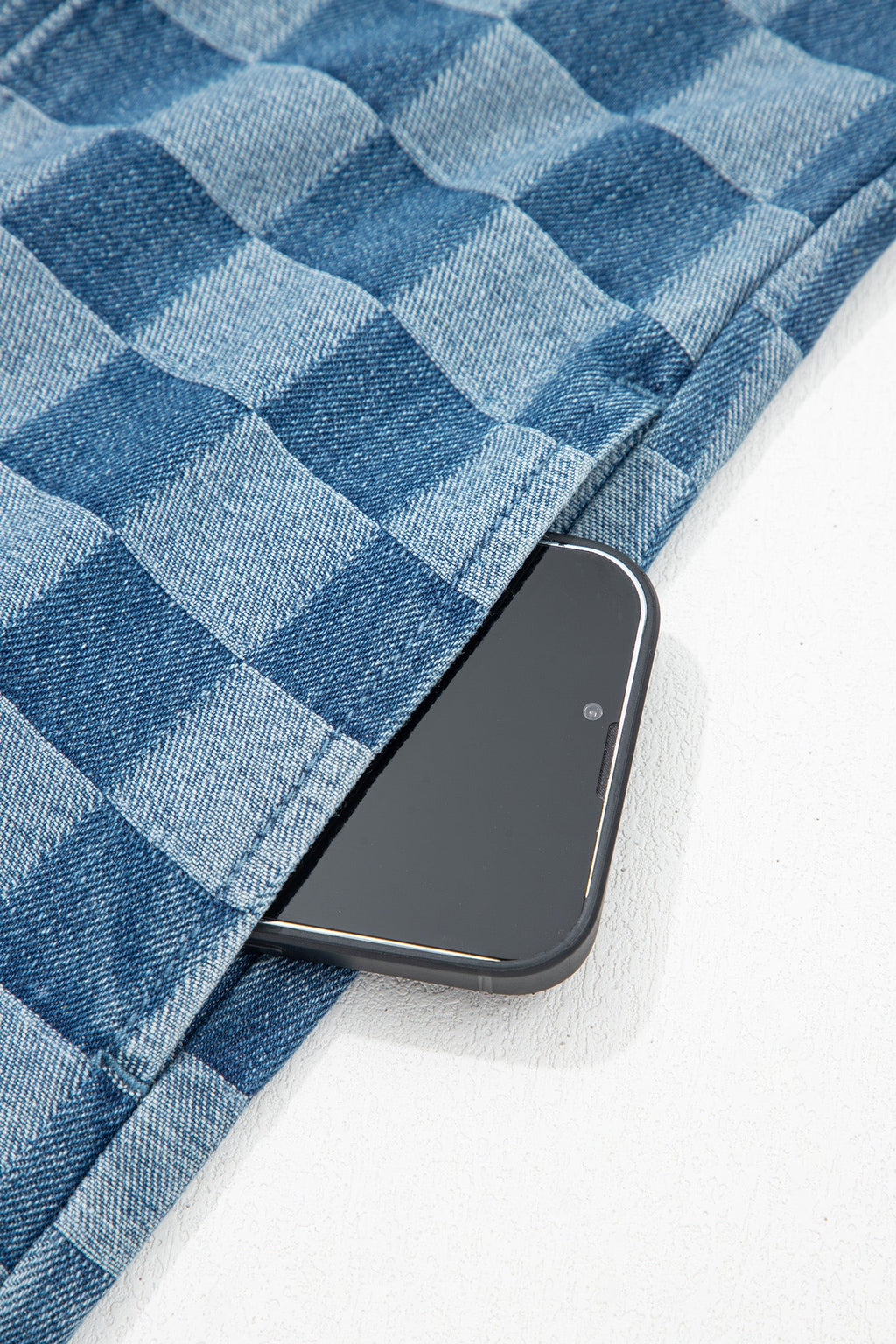 Checker Denim Frayed Hem Mini Dress