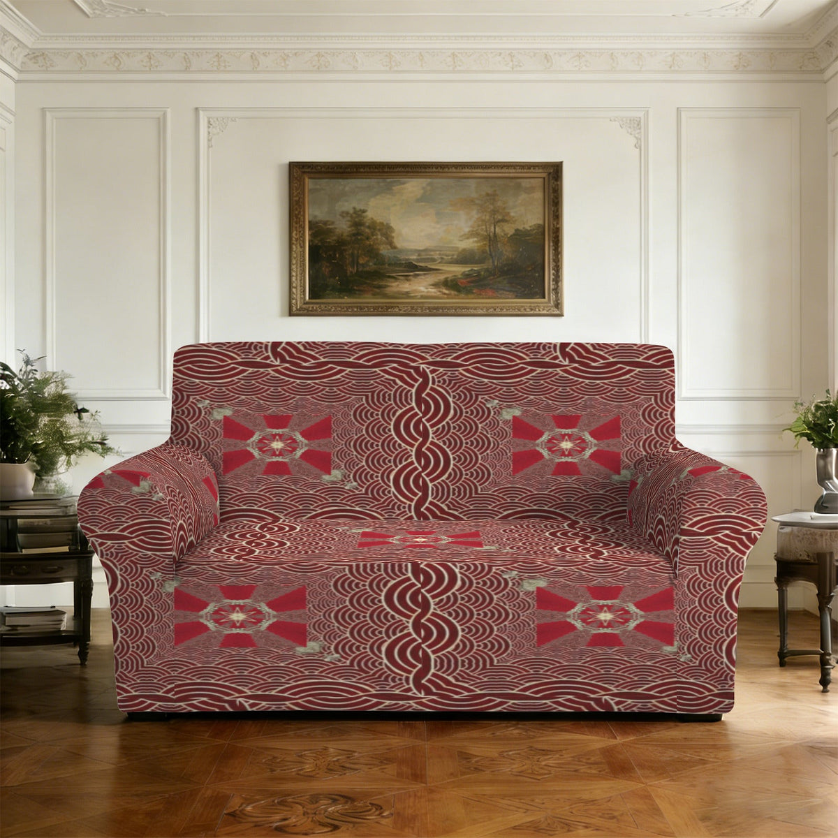 Maroon with Gold Chains Two Seater Sofa Cover Slipcover