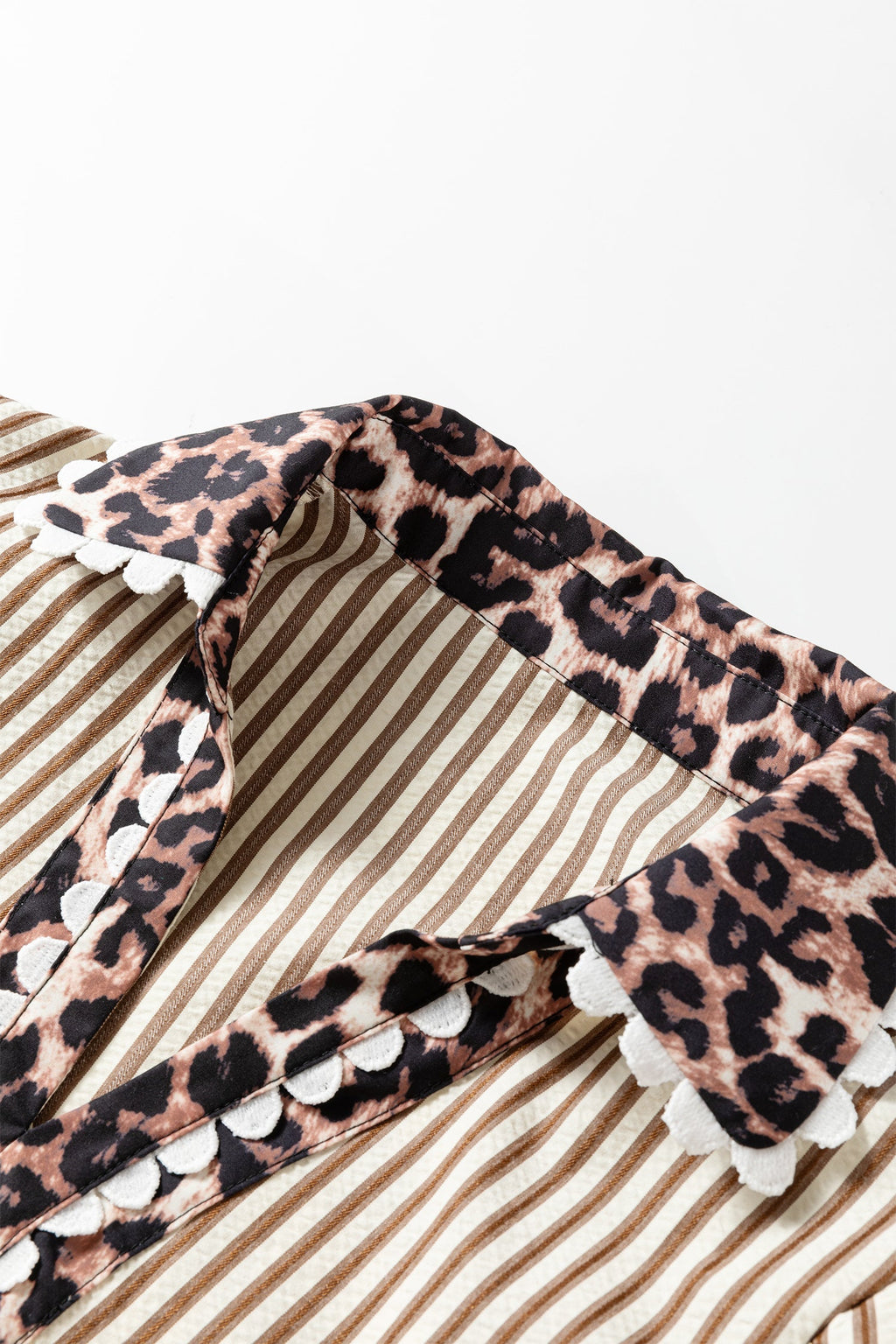 Leopard Patchwork Collared V-Neck Puff Sleeve Blouse