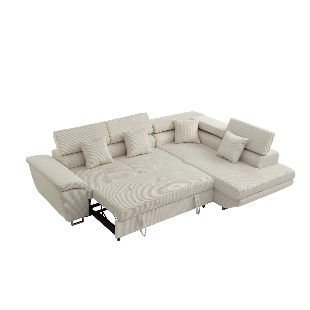 104.3'' Pull Out Sofa Bed with Storage Left Chaise Sofa Bed Corduroy Velvet Upholstery Beige