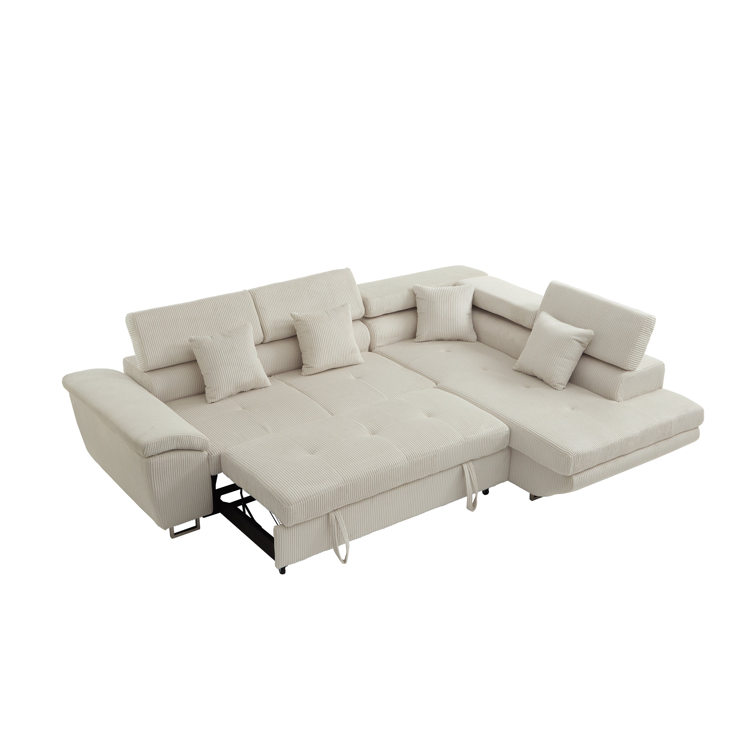104.3'' Pull Out Sofa Bed with Storage Left Chaise Sofa Bed Corduroy Velvet Upholstery Beige