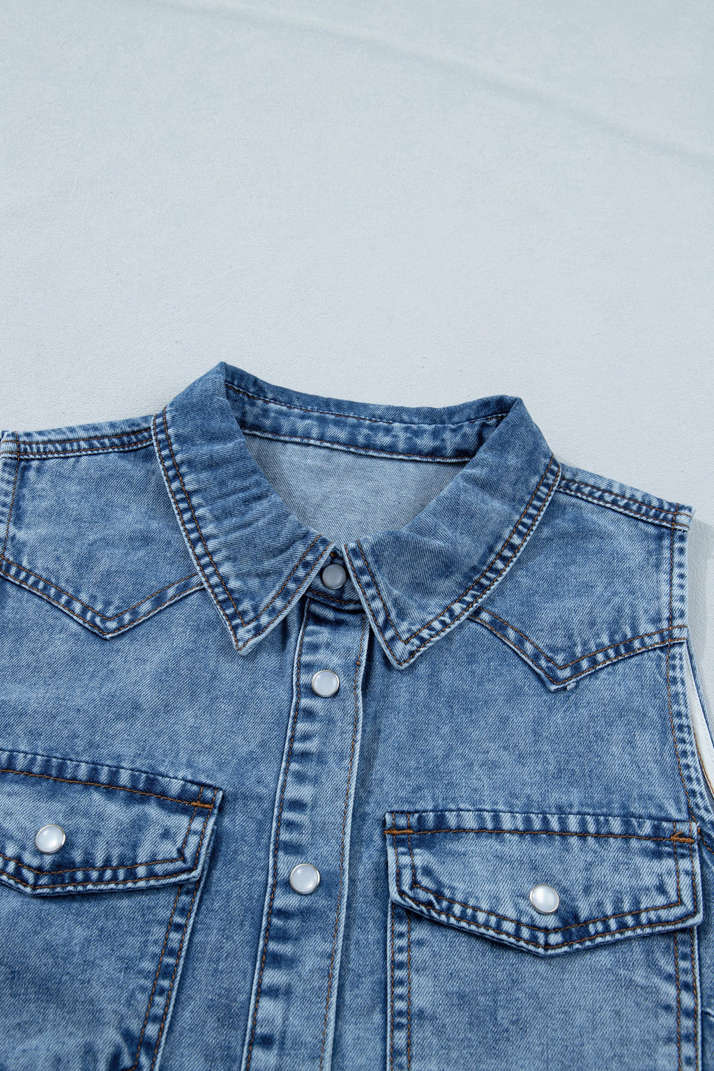 Denim Button Front Collared Sleeveless Vest