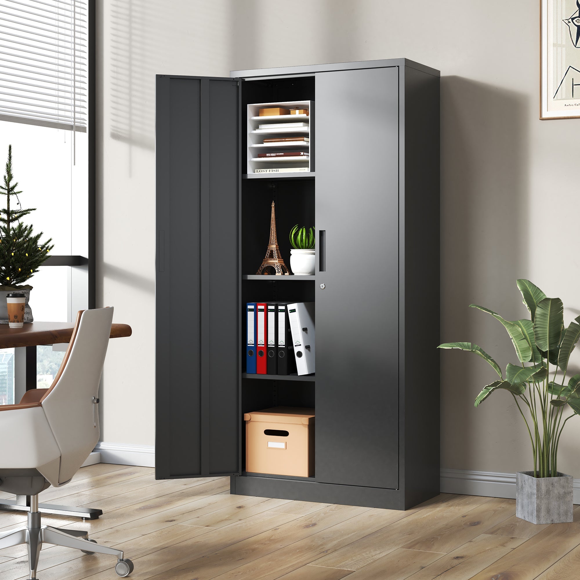 Heavy Metal Garage Storage Cabinet, Black Tool Steel Locking Cabinet with Doors and 3 Adjustable Shelves, 71 Inch Tall