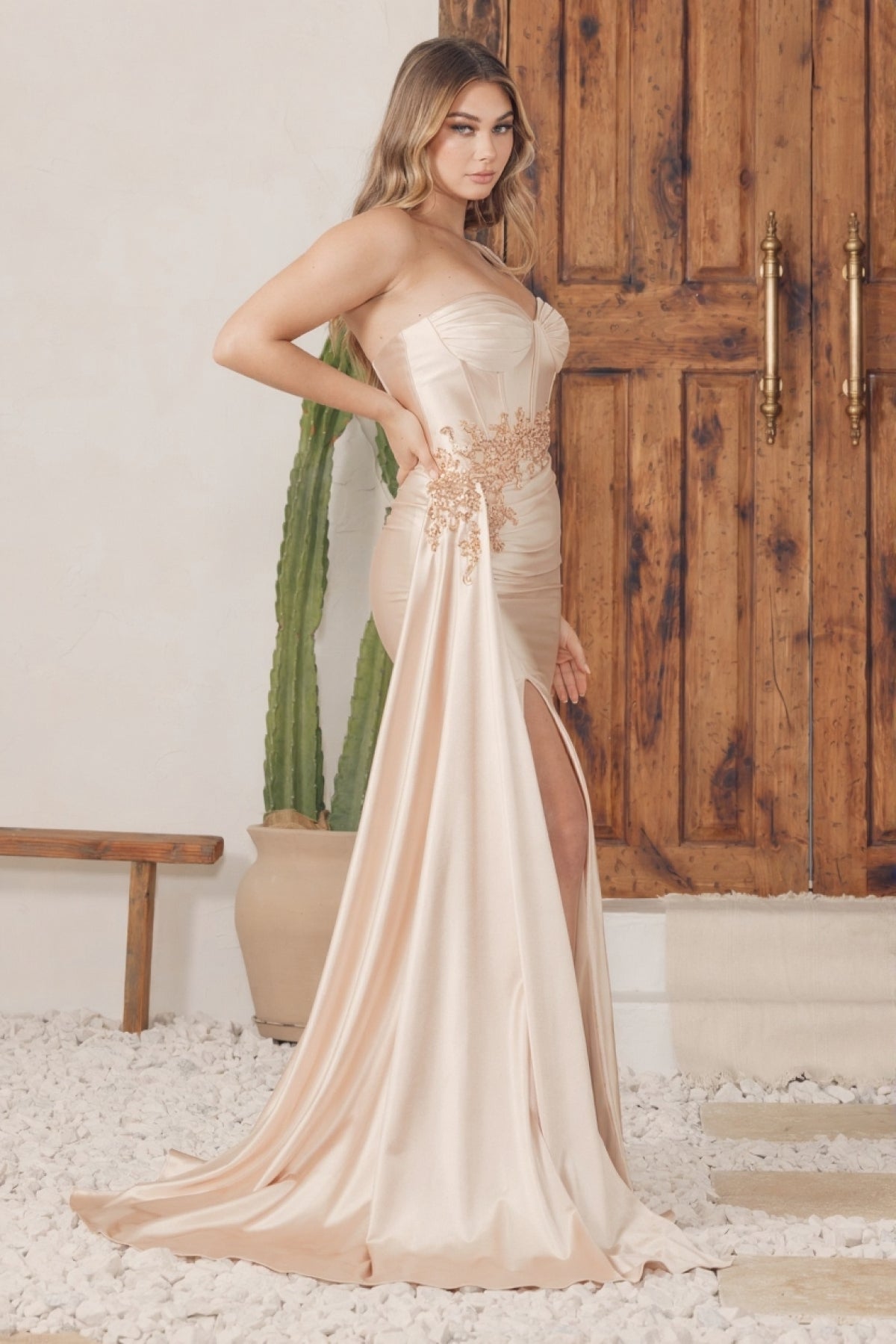 One Shoulder Sheath Prom Satin Gown w/ Side Drape & Rhinestones Embellished Waistline NXE1239