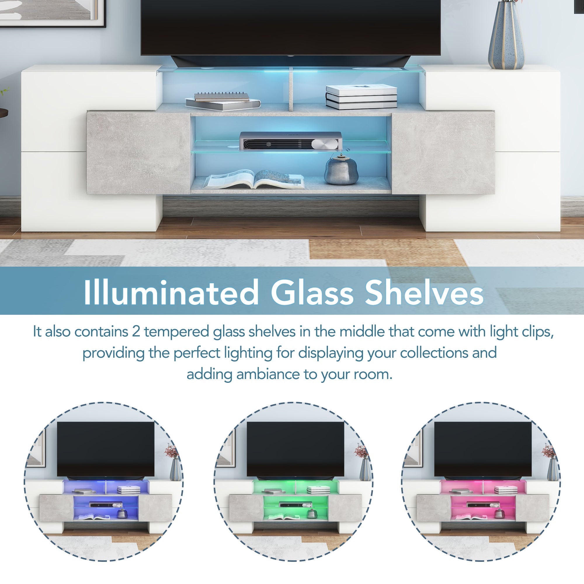 ON-TREND Unique Shape TV Stand with 2 Illuminated Glass Shelves, High Gloss Entertainment Center for TVs Up to 88', Versatile TV Cabinet with LED Color Changing Lights for Living Room, Grey