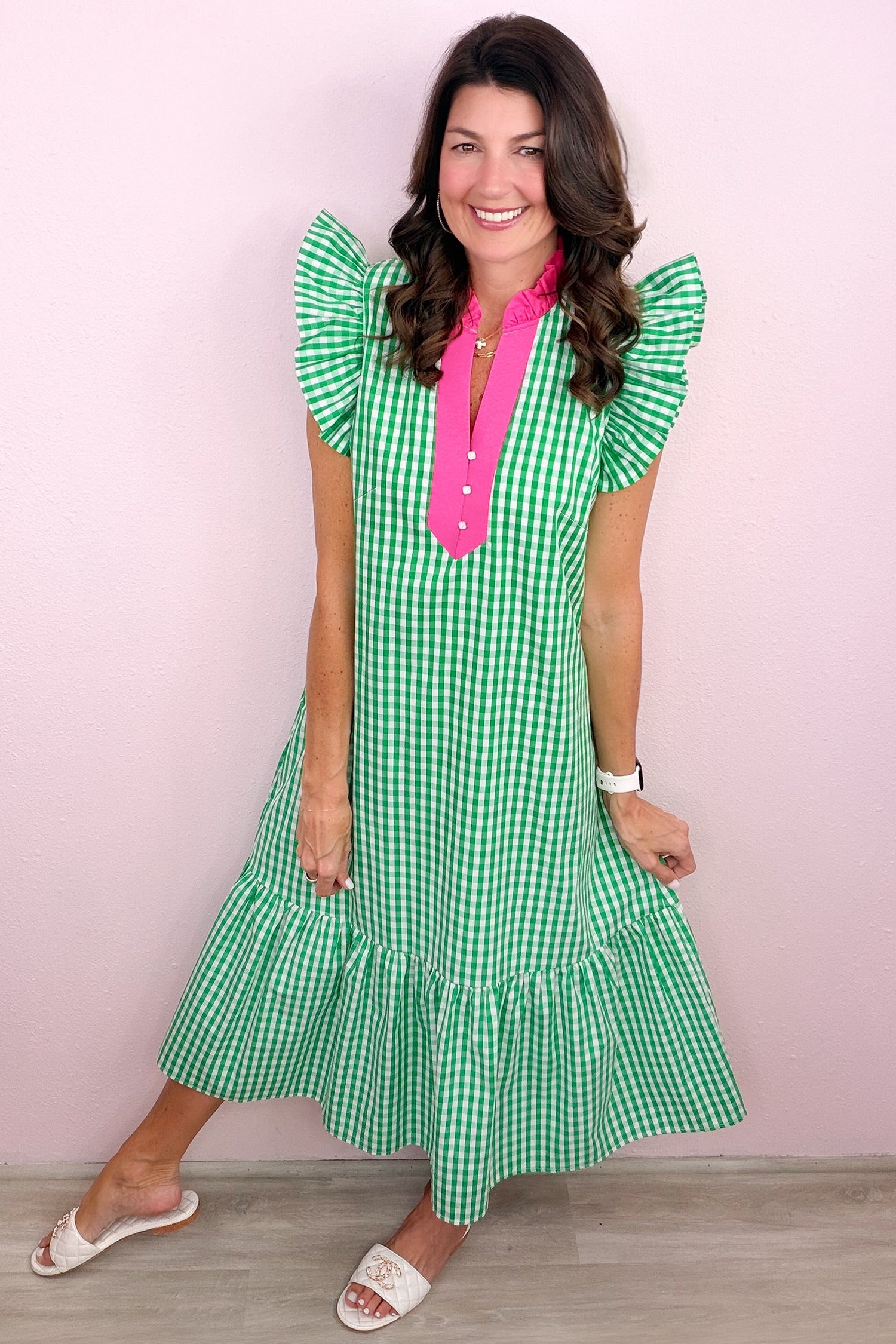 Gingham Colorblock Ruffle Sleeve Midi Dress
