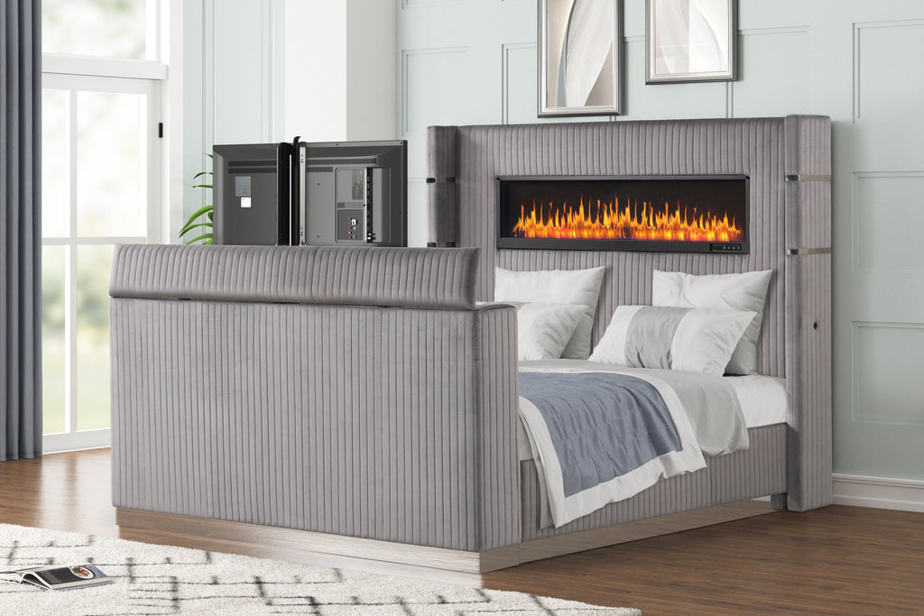 Lavish Modern Style 5 Pc King Bedroom Set Made with Fireplace in Headboard & TV stand in Footboard with Wood in Grey(NJ INVENTORY)