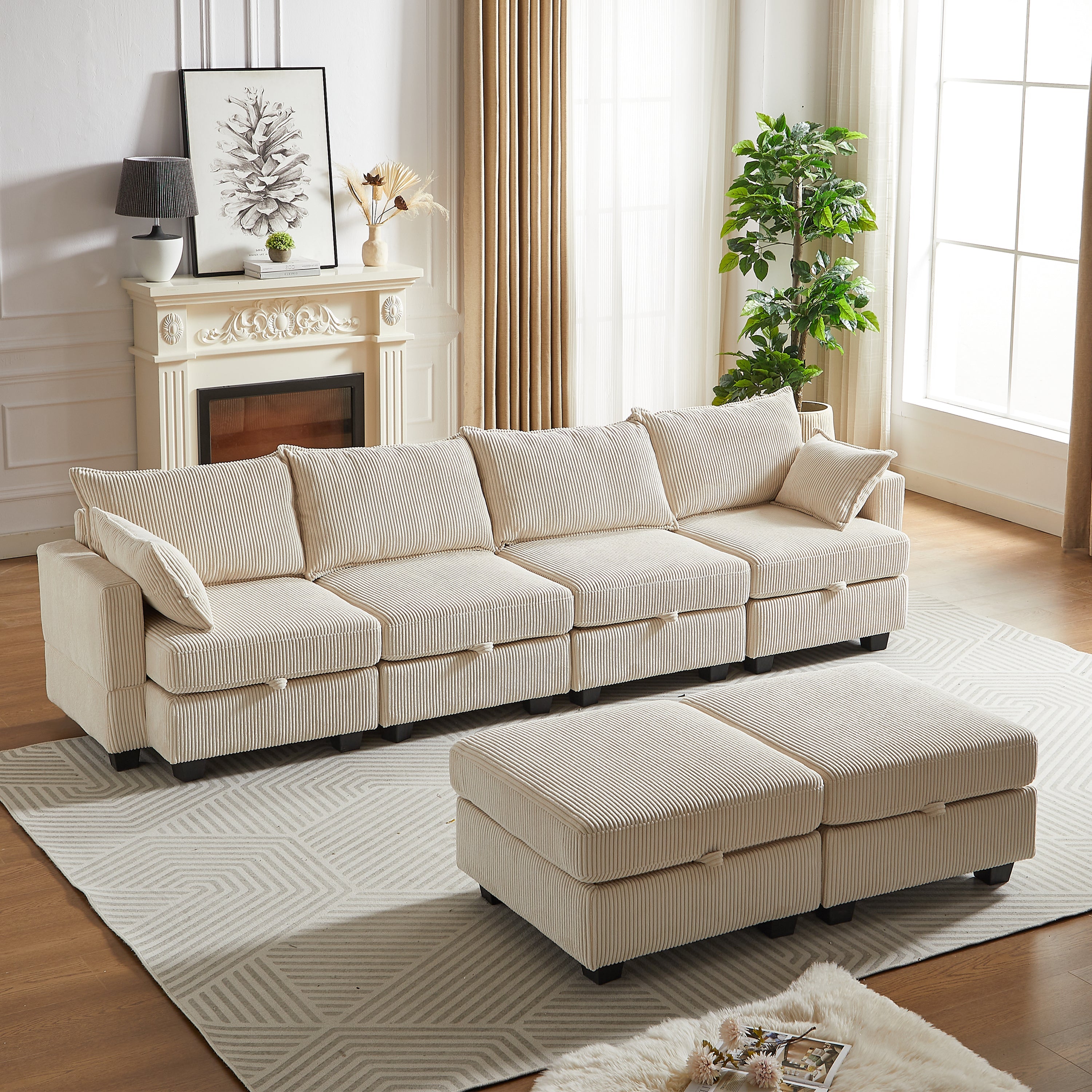 113.5'' Modular Sectiona Corduroy Sofa, Sectional Couches for Living Room U Shaped Sectional Couch with Storage Ottoman, 6 Seats Convertible Sectionals with Chaise