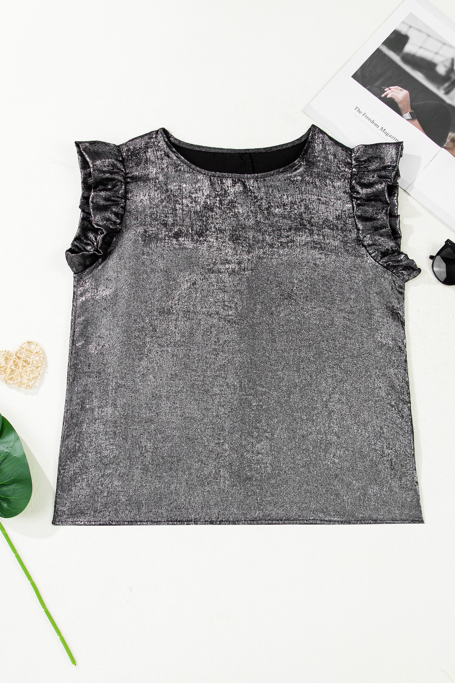 Metallic Ruffle Trim Sleeveless Round Neck Top