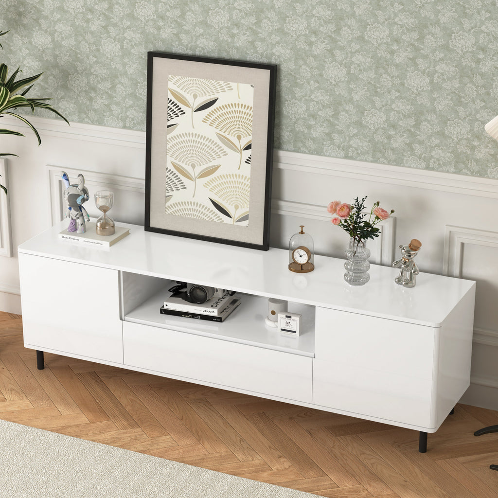 High Gloss Panel Modern TV Console, TV Stand, Entertainment Center with Storage Shelves,TV Cabinet for Living Room, Bedroom, Cloud White 63x15.74x19.68 inch