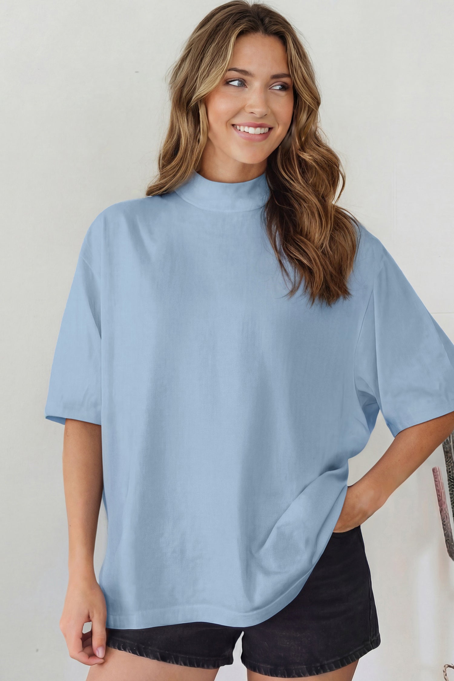 Oversized Solid Color High Neck Tee