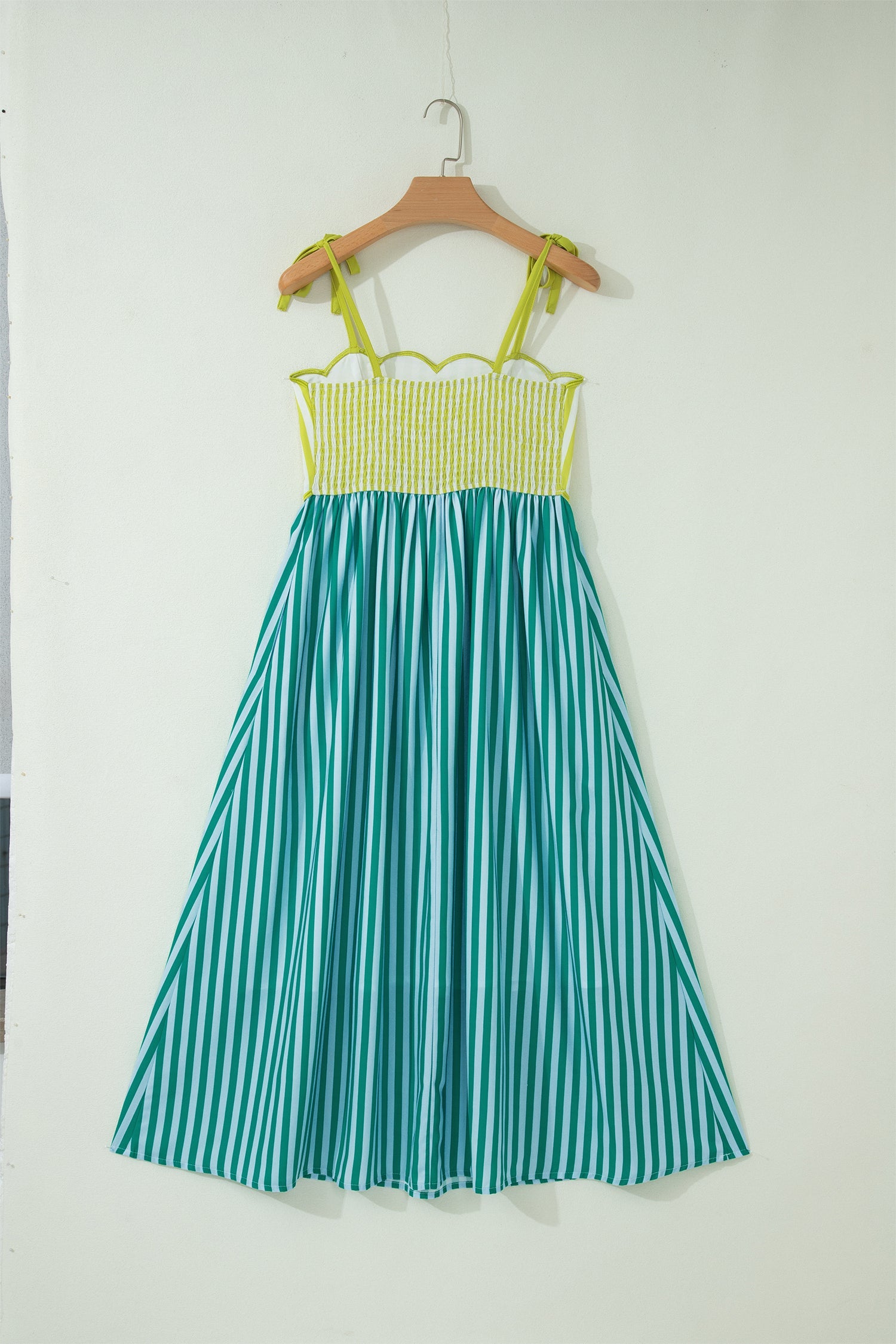 Stripe Scalloped Contrast Patchwork Knot Strap Midi Dress