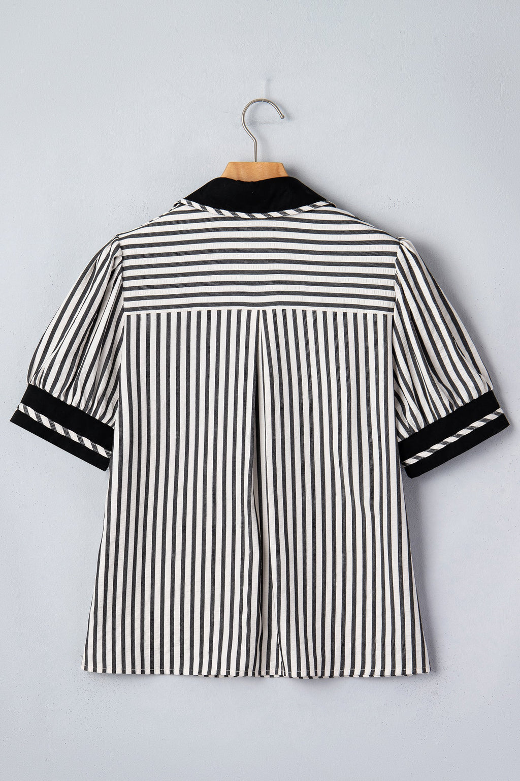 Stripe Collared V-Neck Bubble Sleeve Blouse