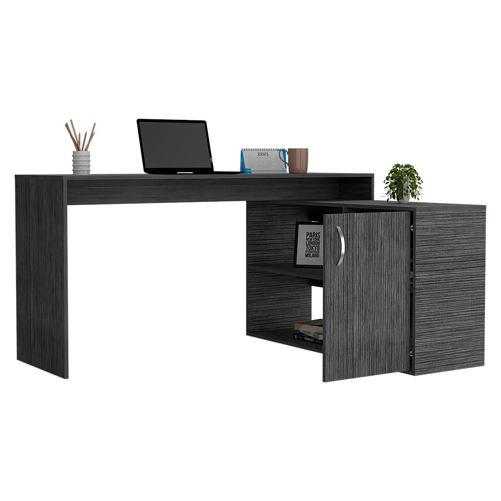 Dallas L-Shaped Home Office Desk, Two Shelves, Single Door Cabinet