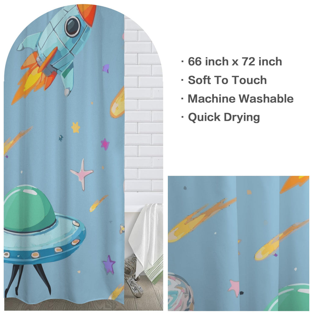 Space Illustration with Rocket Shower Curtain 66x72inch（Made in USA）