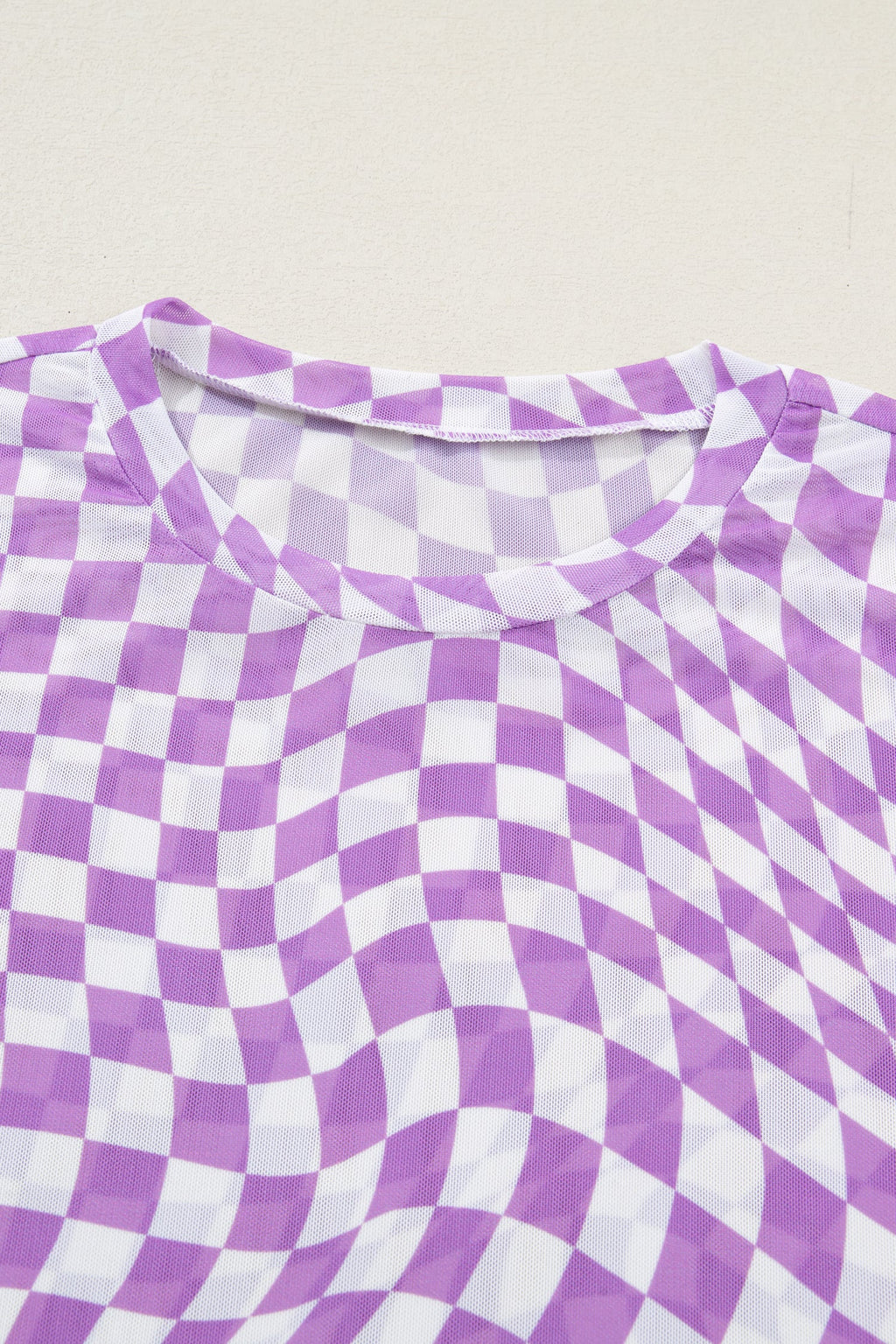 Checker Mesh Mock Neck Short Sleeve T-Shirt