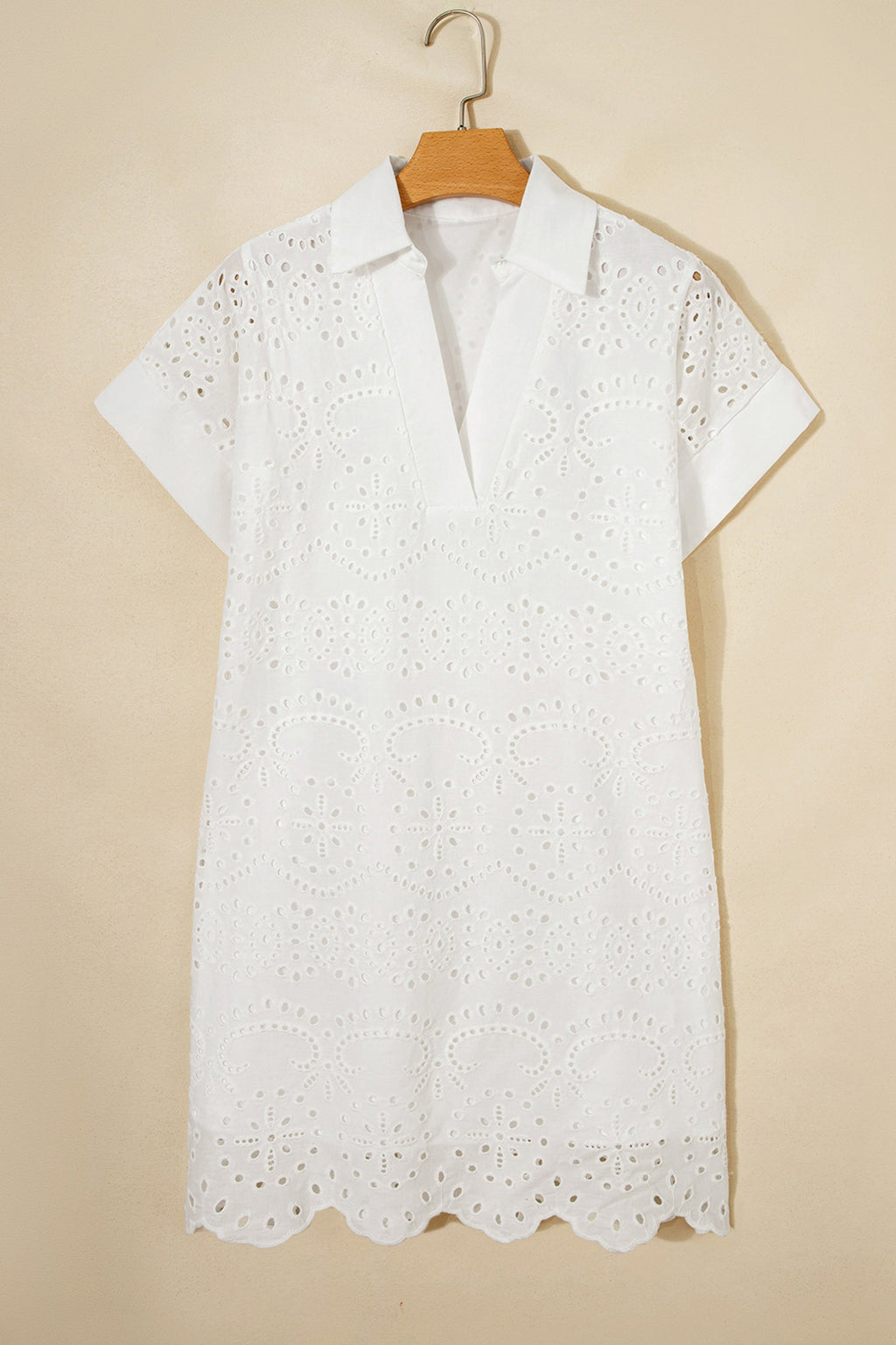 Solid Embroidered Eyelet Collared V-Neck Mini Dress