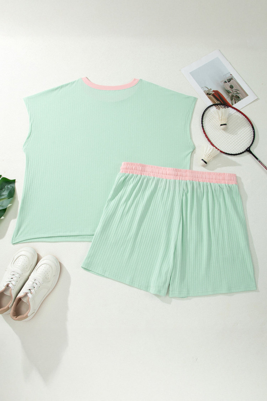 Plus Size Colorblock Ribbed Top & Drawstring Shorts Set
