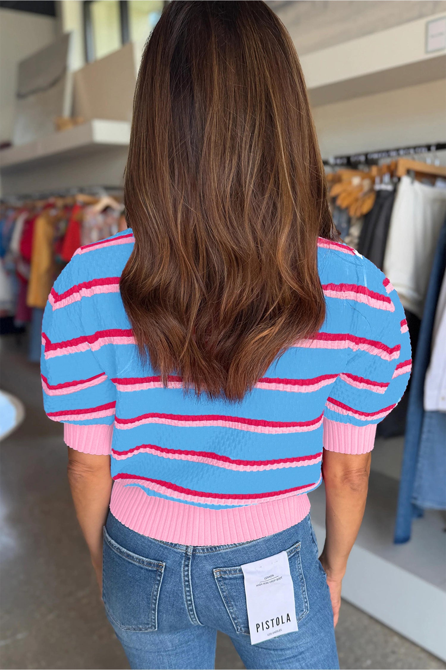 Stripe Colorblock Trim 3/4 Sleeve Sweater Top