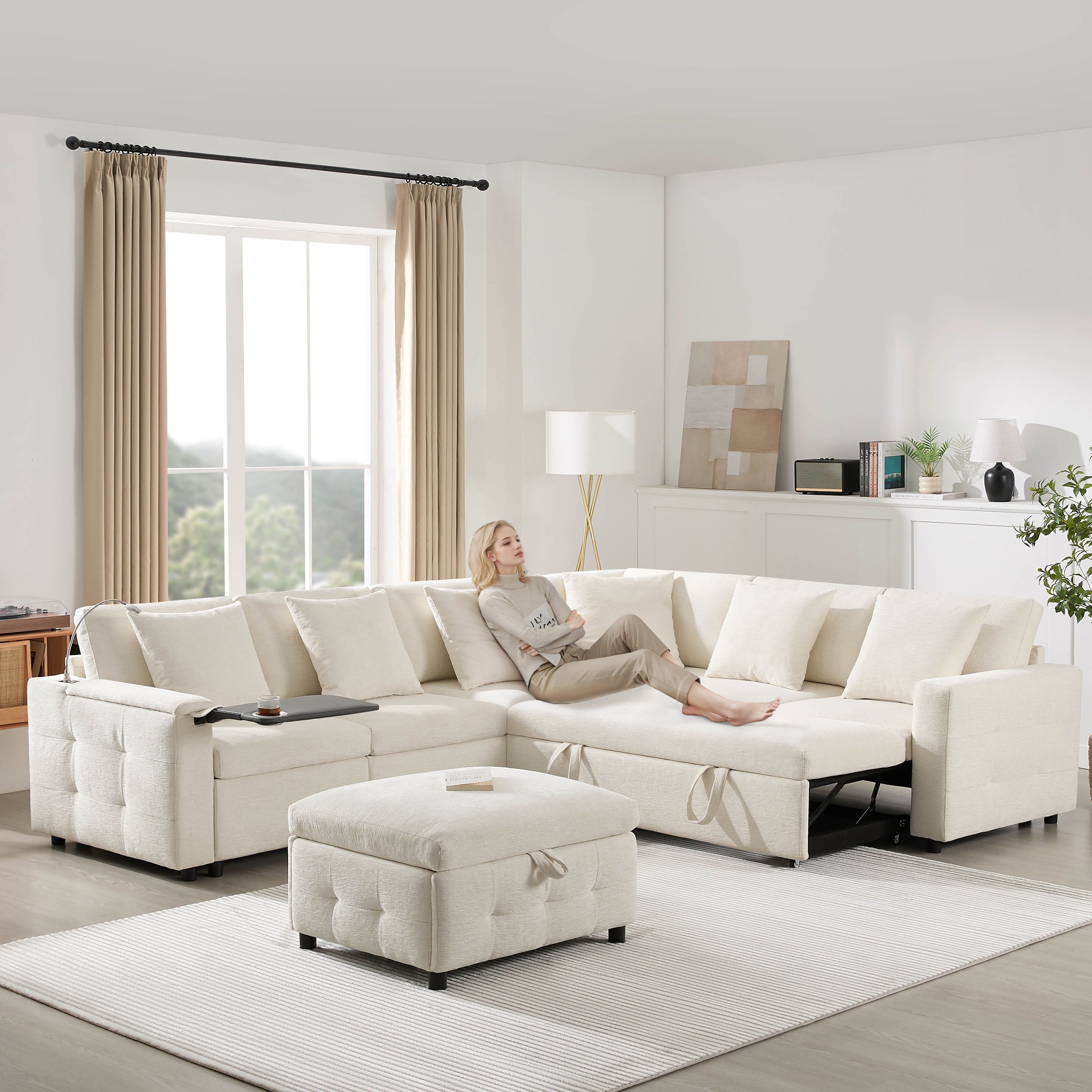 117*90'' Modular Sectional Pull-out Sofa Bed with Flip-up Table Panel, Reading Lamp, Charging Ports, Storage Ottoman, Tufted Design, 6 Pillows, Oversize & Free Combination, Chenille, 2 colors