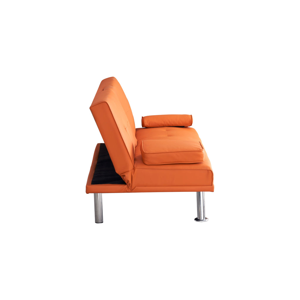 67' Orange Leather Office Sofa Bed, Double Fold, with Coffee Table, Multifunctional
