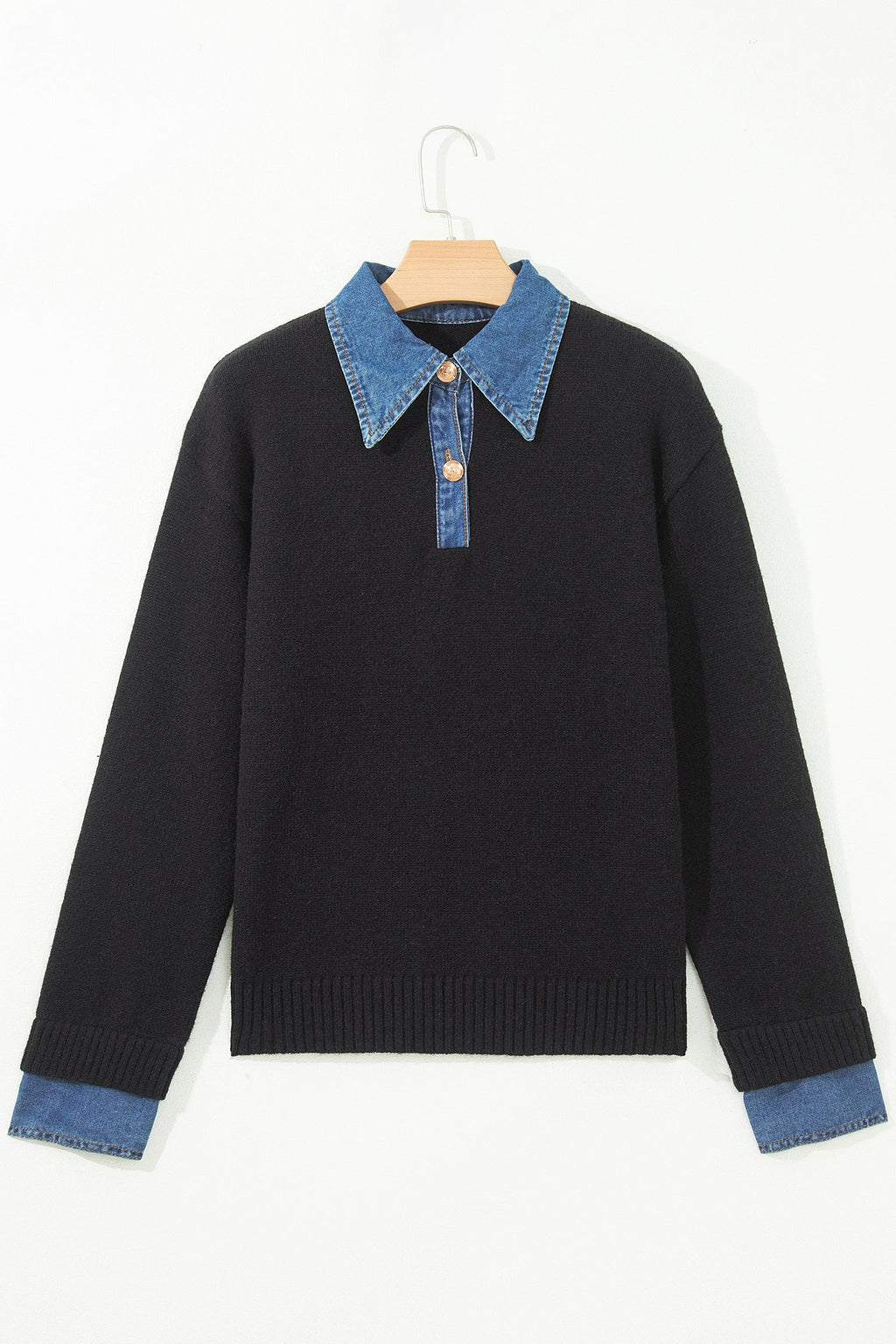 Denim Patchwork Collar Cuffed Long Sleeve Sweater