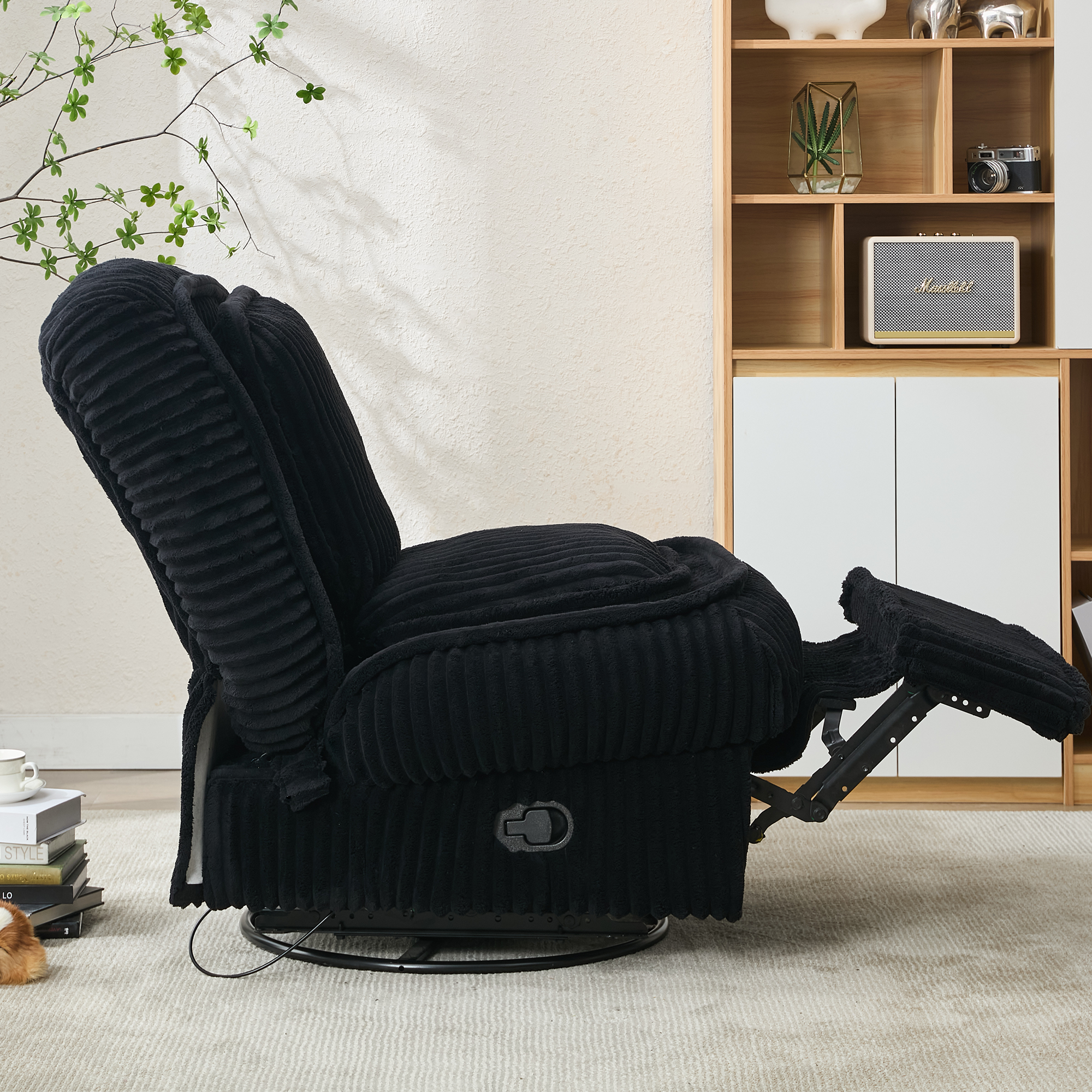 [NEW ARRIVED] 360° Swivel Rocking Single Sofa,Recliner Sofa, Manual Glider Rocking Armless Chair,Living Room Office, With Adjustable Backrest and Footrest and pillows, Small Spaces,Corduroy , Black