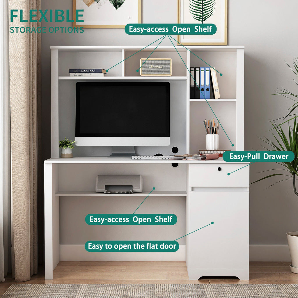 Modern Wooden Computer Desk with Hutch & Bookshelf, White Home Office Desk with Drawers, 3 AC Outlets, 2 USB Ports