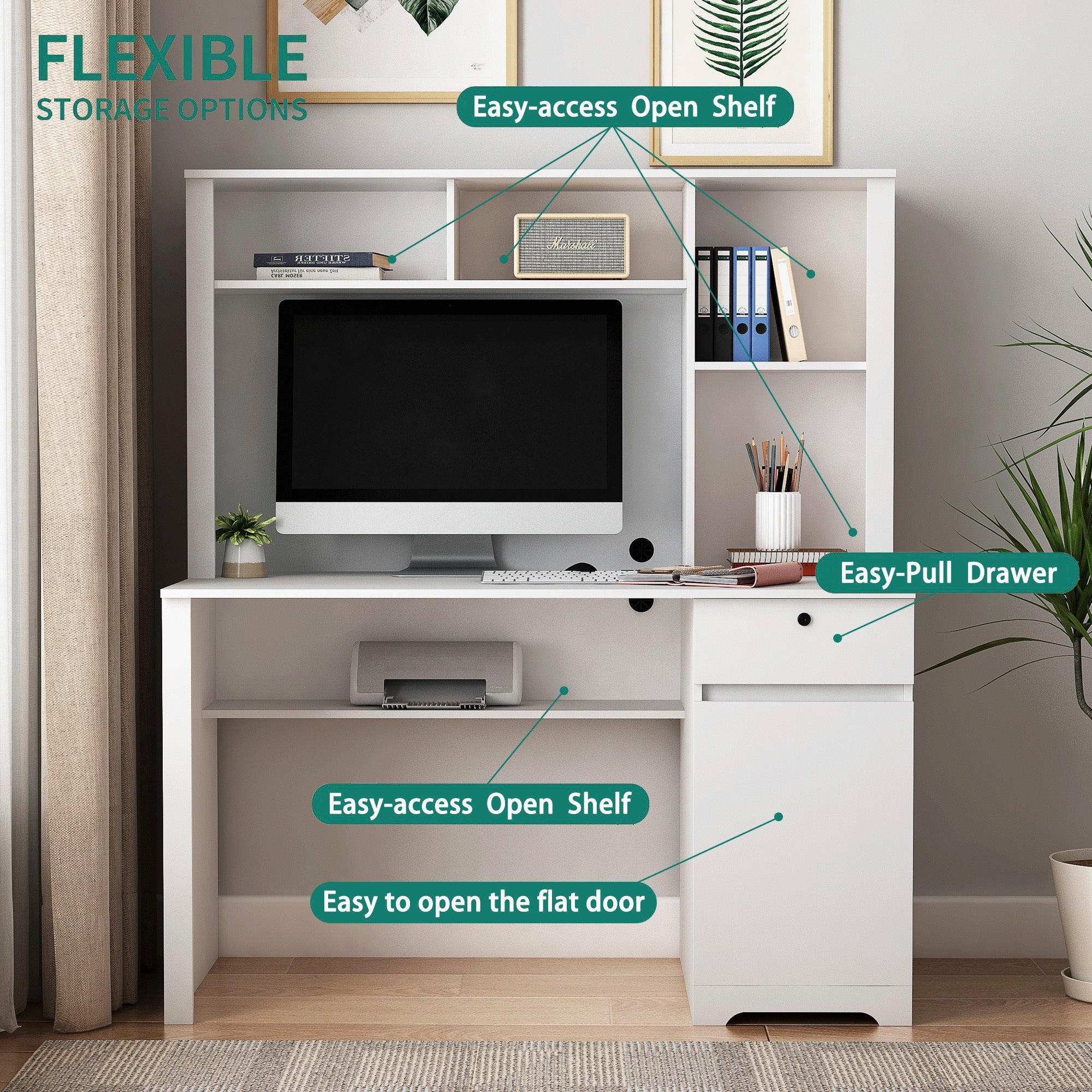 Modern Wooden Computer Desk with Hutch & Bookshelf, White Home Office Desk with Drawers, 3 AC Outlets, 2 USB Ports