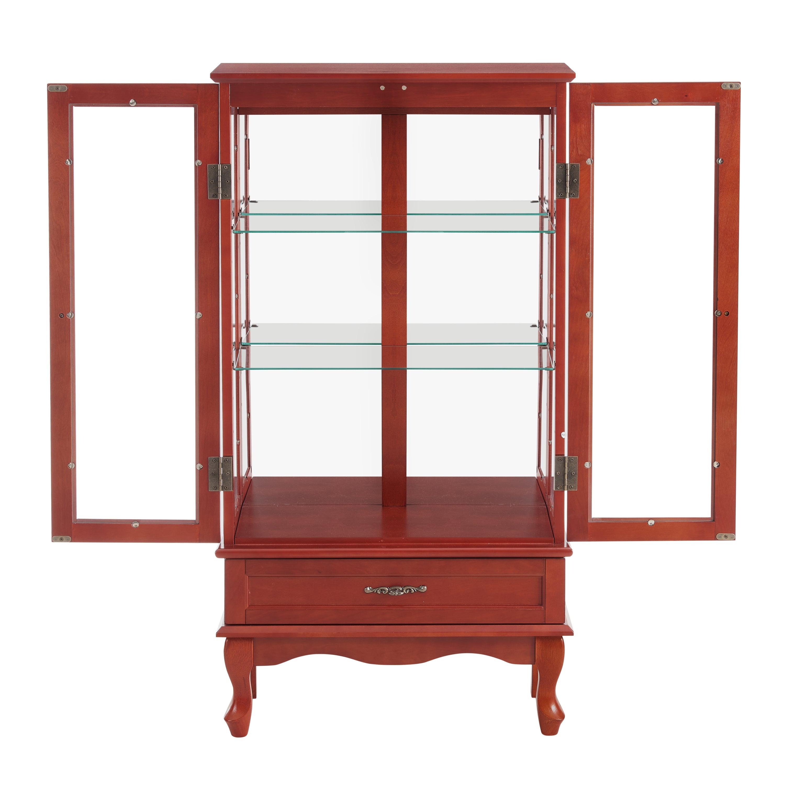 Lighted Glass Display Cabinet Glass Wine Cabinet Curio Display Cabinet with Adjustable Glass Shelves Two Doors and One Drawer Bulb Included for Home Decor and Storage-CHERRY