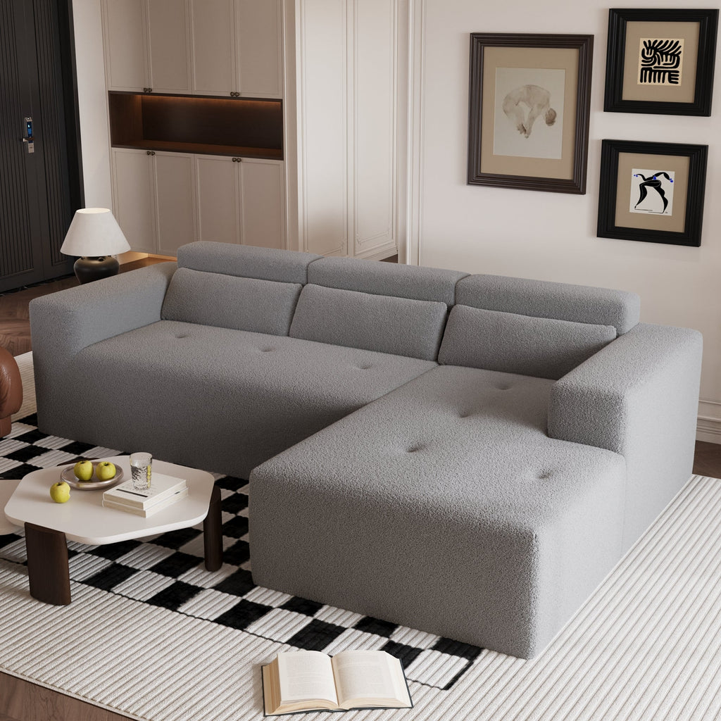 109'' Modern Modular Sectional Sofa, Teddy Fabric L Shaped Couch, 3 Seat Corner Sofa Couch, Modern Upholstered Couch with Chaise & Pillows for Living Room Apartment, No Assembly Required