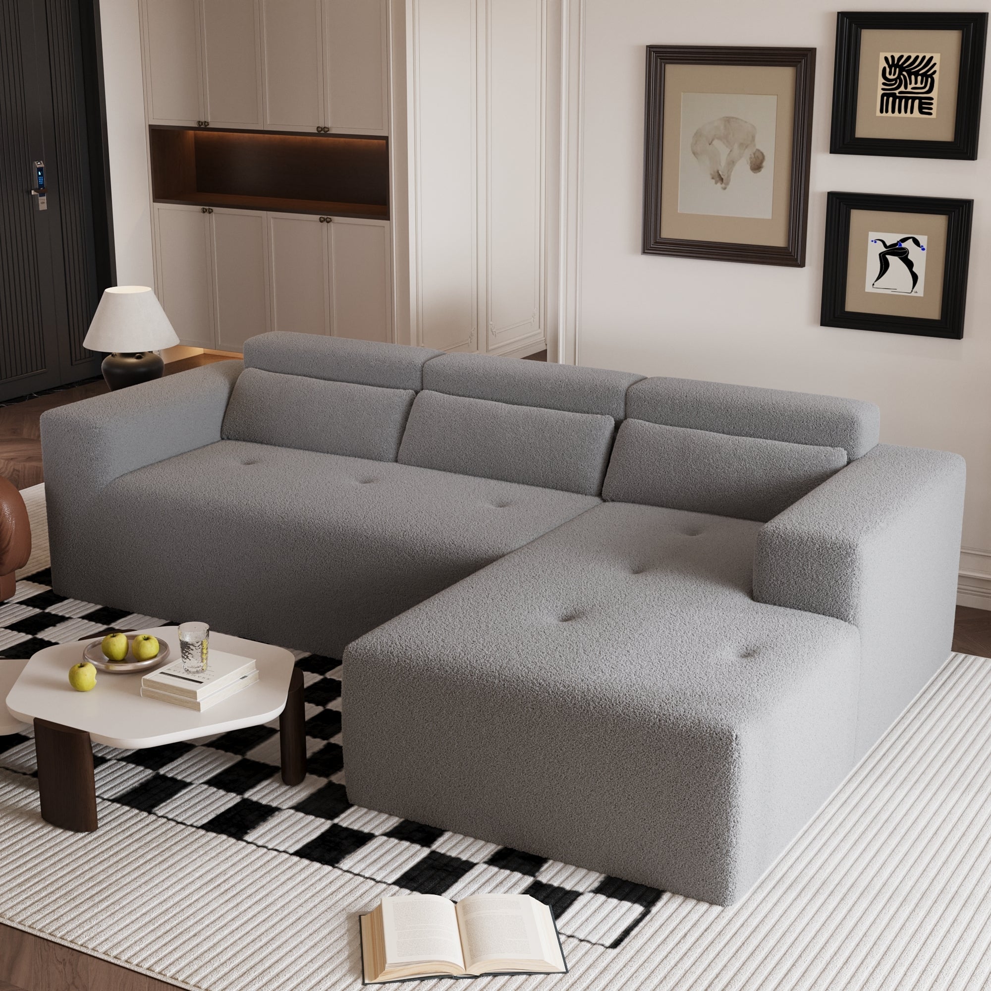 109'' Modern Modular Sectional Sofa, Teddy Fabric L Shaped Couch, 3 Seat Corner Sofa Couch, Modern Upholstered Couch with Chaise & Pillows for Living Room Apartment, No Assembly Required