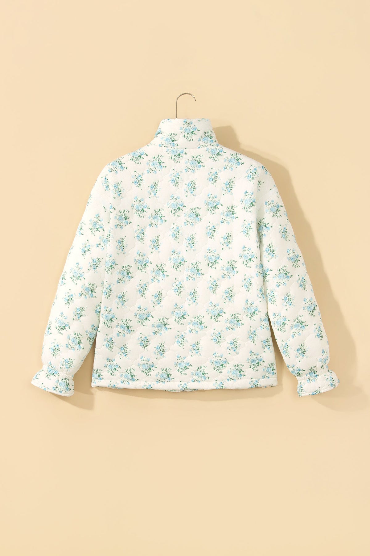 Floral Quilted Ruffle Sleeve Puffer Coat w/ Pockets