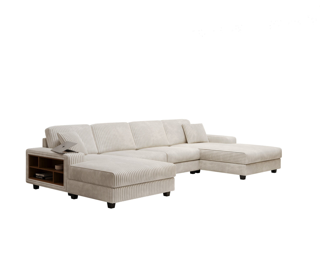 Convertible U-shaped Combination Sofa, Corduroy Fabric, Modern Comfortable Large Size 4 Seat Sofa, Living Room Double Lounge Chair,Beige