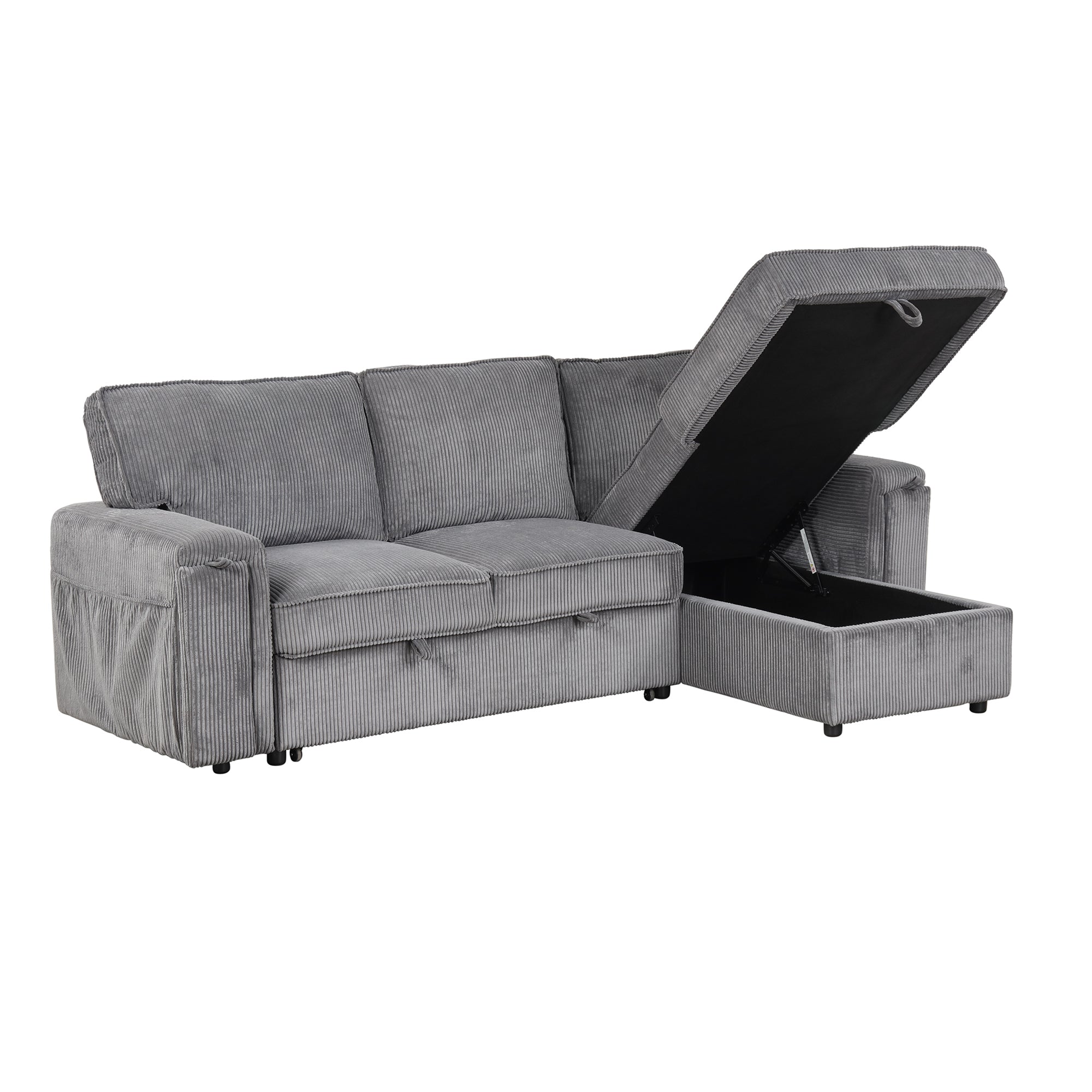 U_STYLE Upholstery Sleeper Sectional Sofa with Storage Bags and 2 cup holders  on Arms