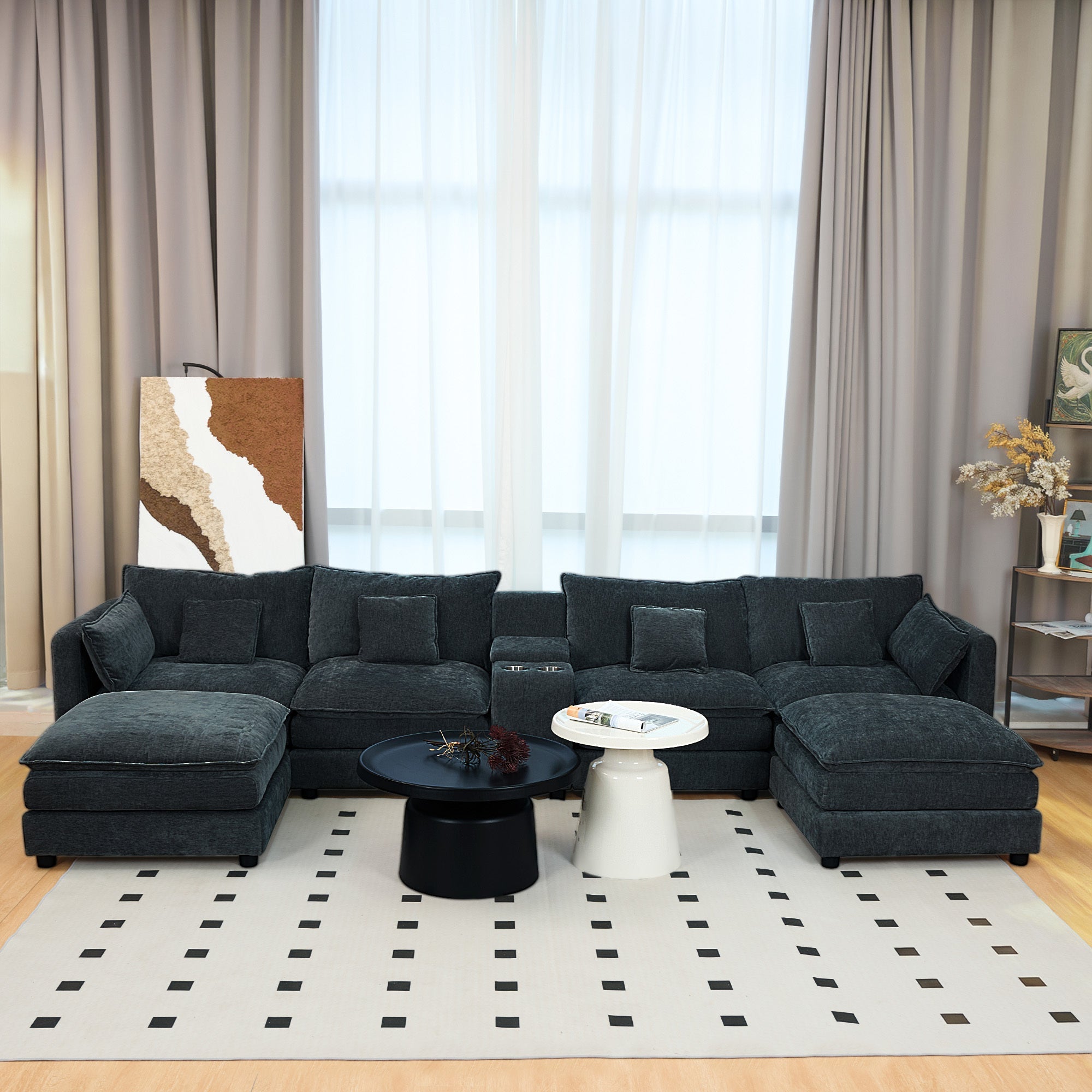 U Shaped Sectional Cloud Couch for Living Room,144' Comfy Fluffy Modular Sofa with Movable Ottoman Modern Chenille 6 Seat Sectional Sofa Set with Console, Cup Holders,Black