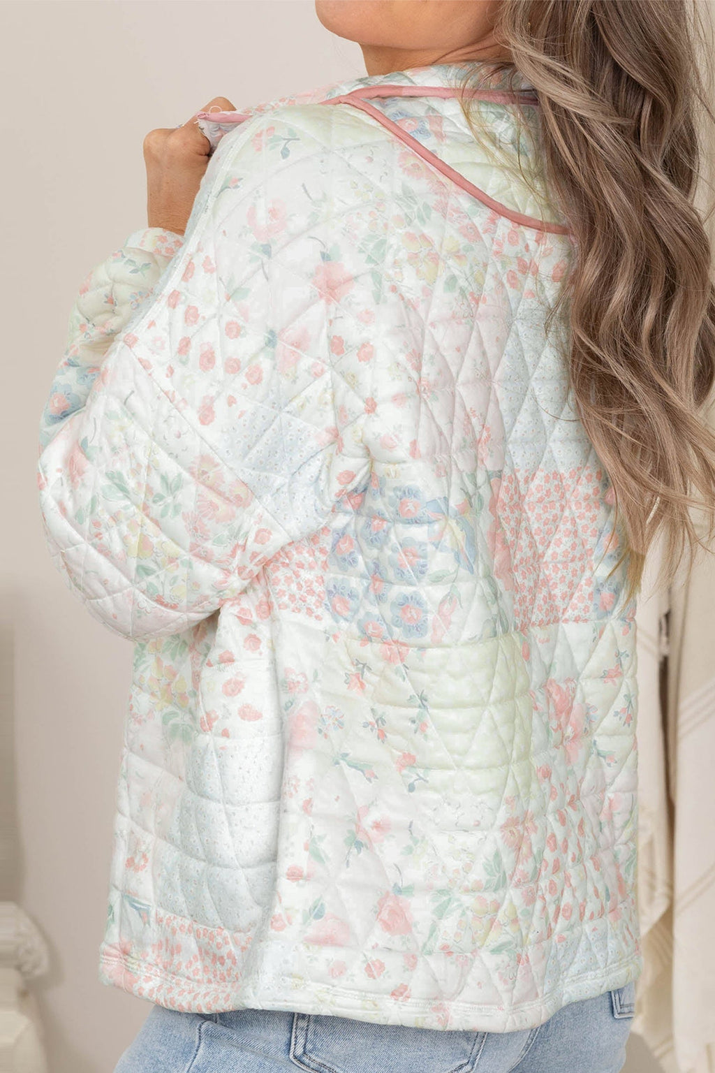 Floral Quilted Metal Zipper Collar Long Sleeve Sweatshirt