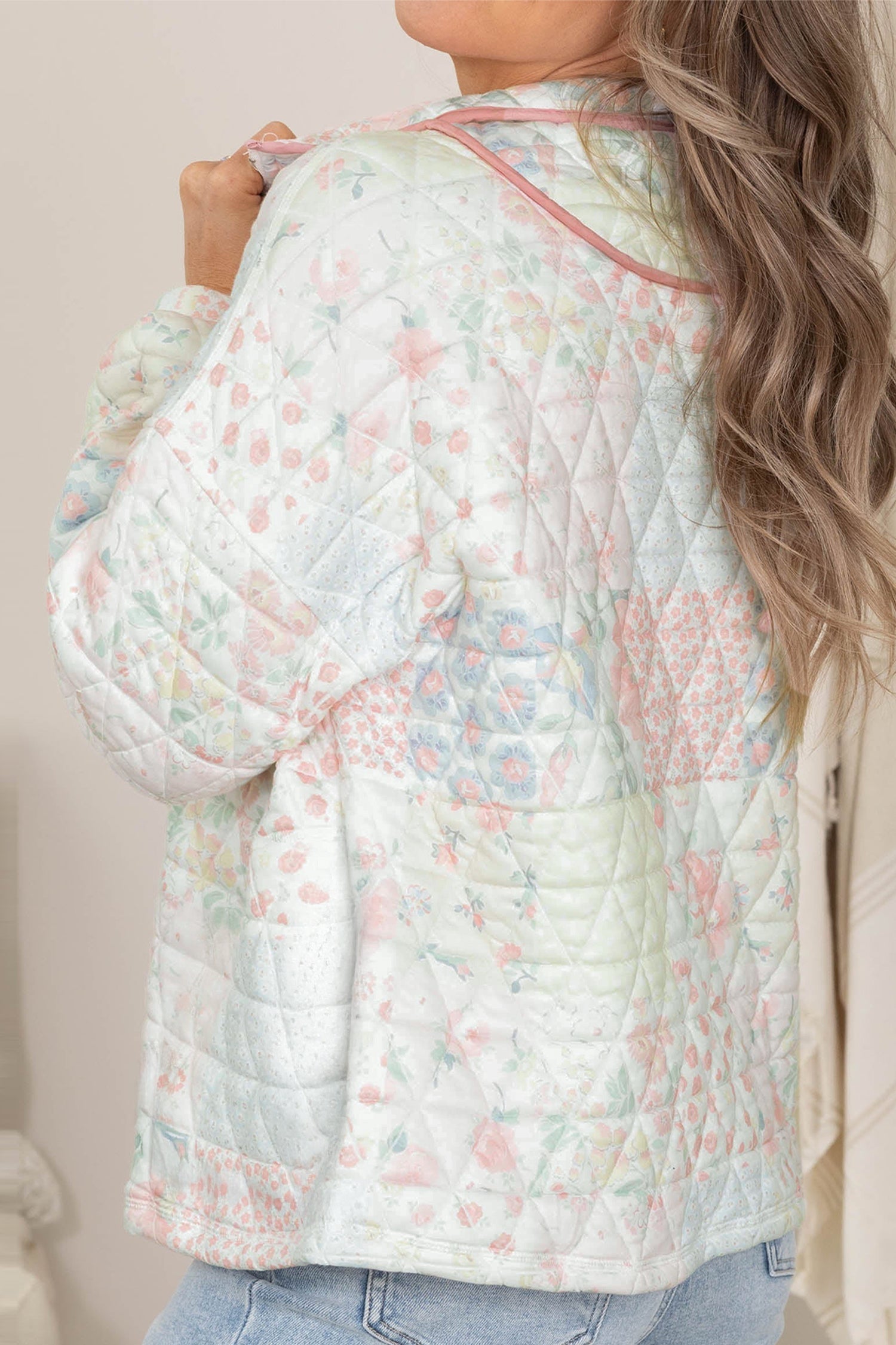 Floral Quilted Metal Zipper Collar Long Sleeve Sweatshirt