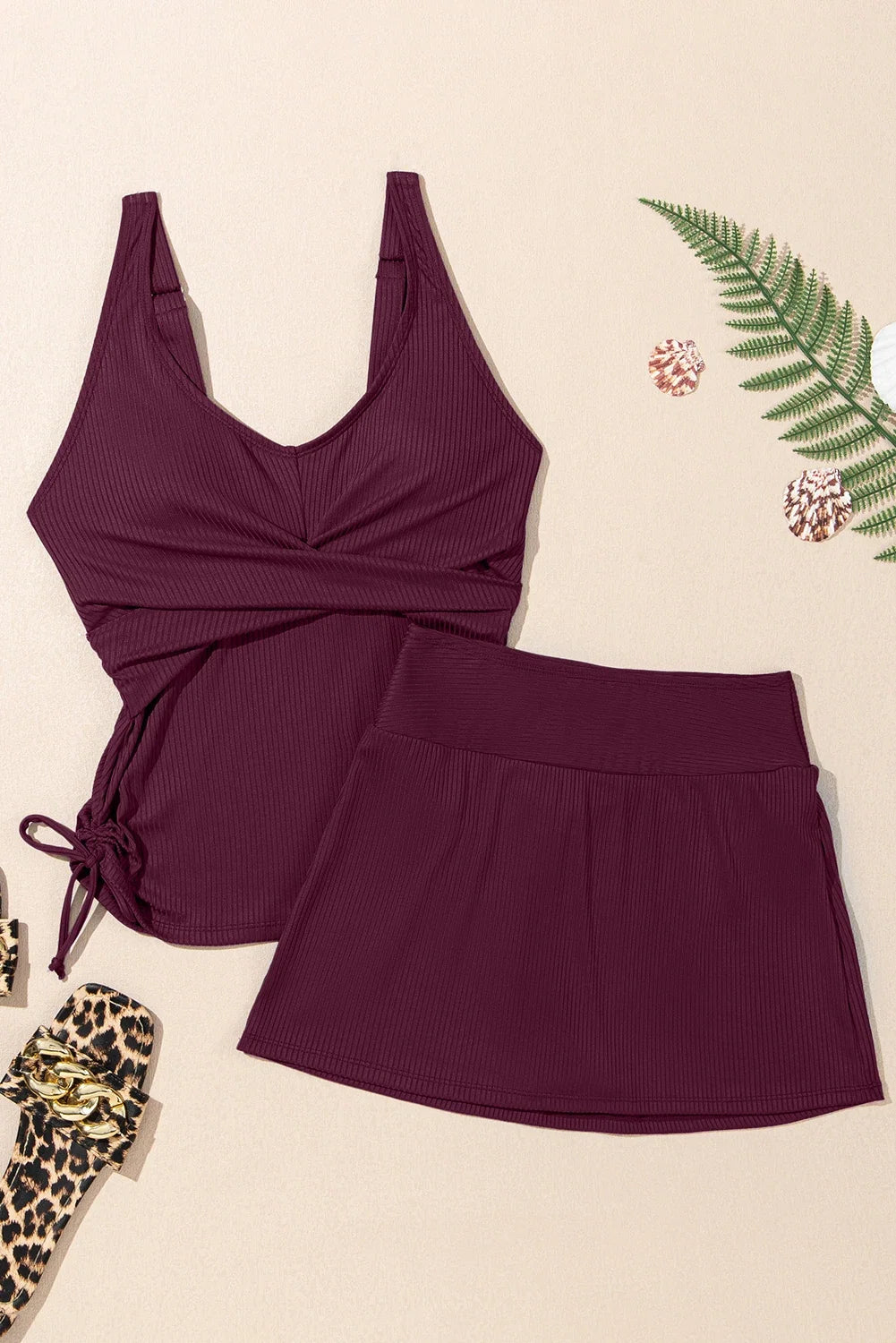 Solid Ribbed Knit Tankini & Skort Swim Set