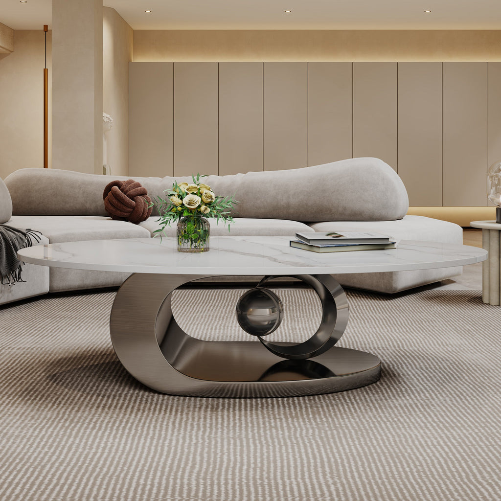 Marble Coffee Table with Sculptural Stainless Steel Base