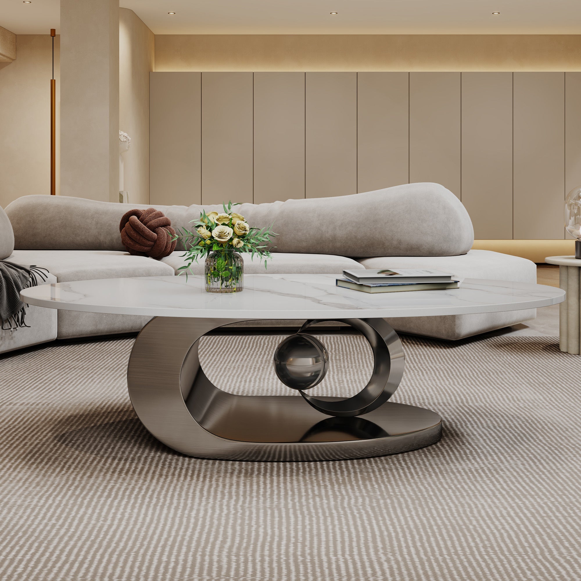 Marble Coffee Table with Sculptural Stainless Steel Base
