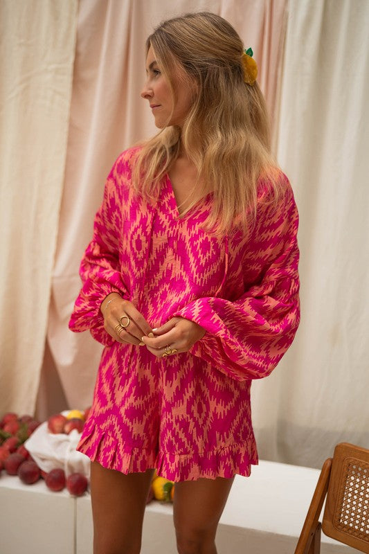 Aztec Geometric Print Top and Ruffled Shorts Set
