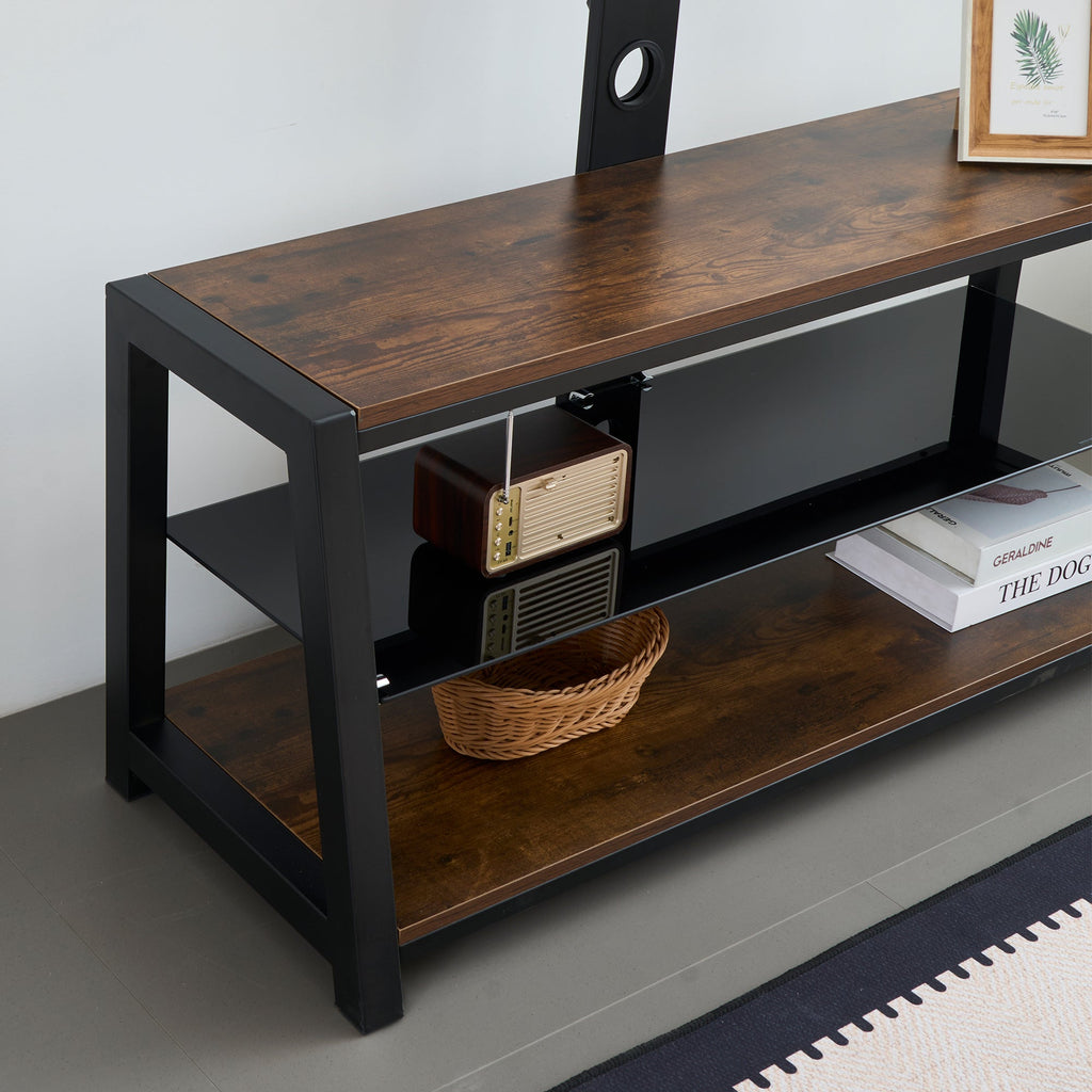 Wooden Storage TV Stand Black Tempered Glass Height Adjustable Universal Swivel Entertainment Center With Mount TV Stand, Rustic Browm