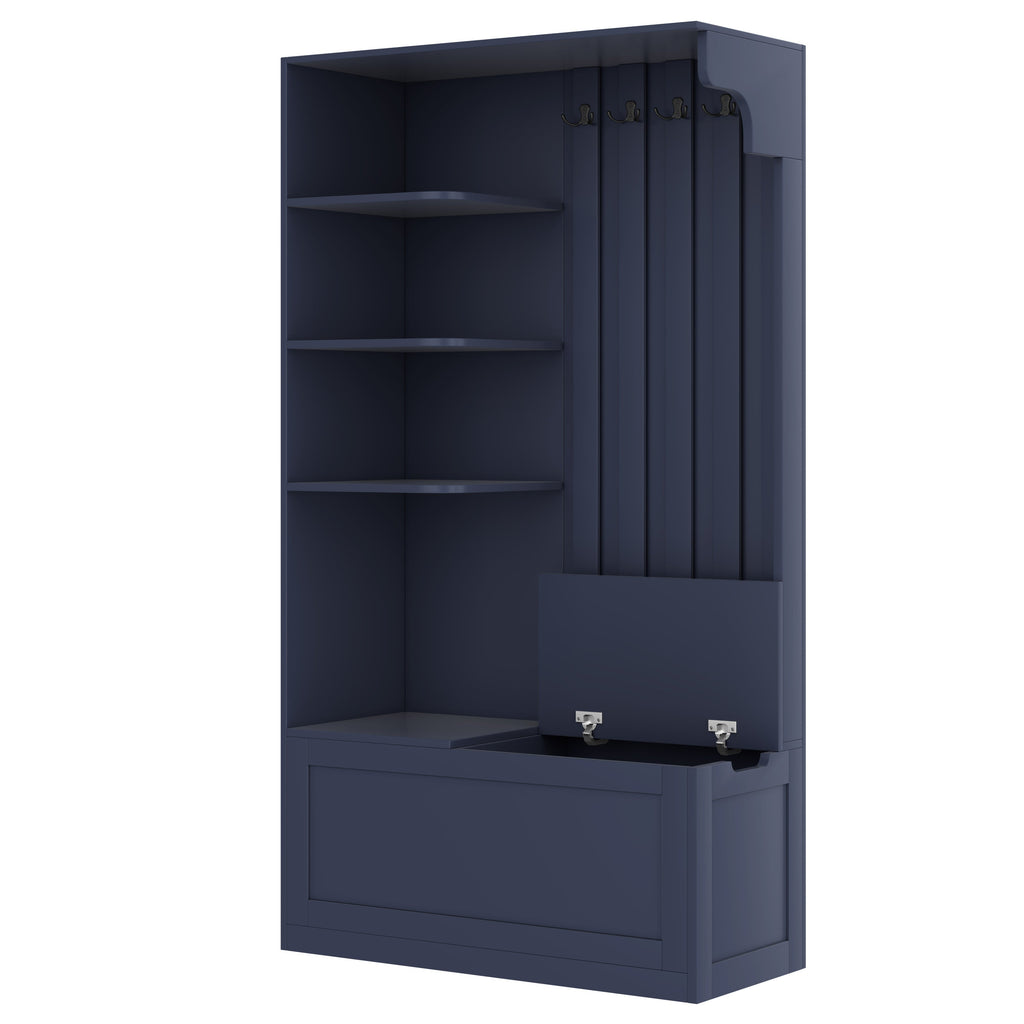 Multifunctional left-right combination hall cabinet (can be used separately) with storage and 4 hooks, storage cabinet/ hall tree 2 in 1 for living room, kitchen and hallway, antique blue